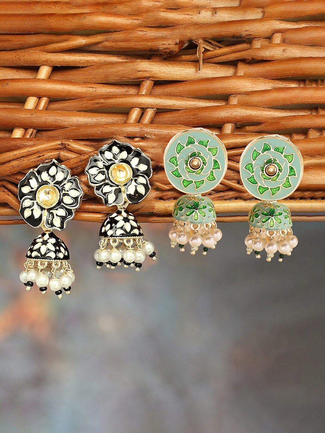 

Zaveri Pearls Set Of 2 Gold Plated Artificial Stones Jhumkas Earrings