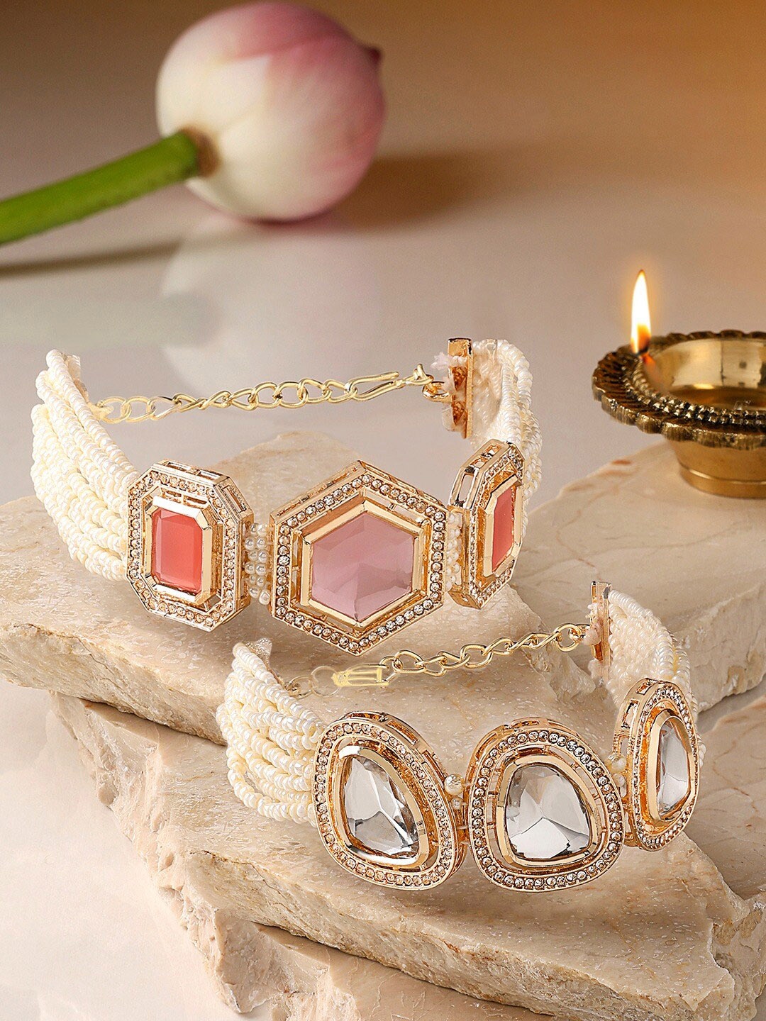 

Zaveri Pearls Set Of 2 Gold-Plated Kundan Studded & Beaded Wraparound Bracelet