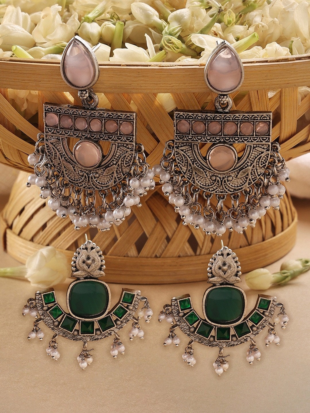 

Zaveri Pearls Set Of 2 Silver-Plated Contemporary Drop Earrings