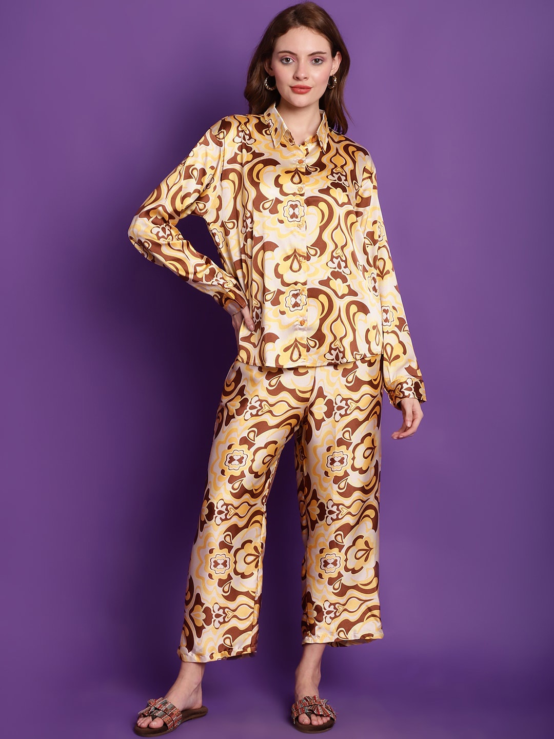 

TAG 7 Abstract Printed Loose Fit Satin Shirt & Trousers, Yellow