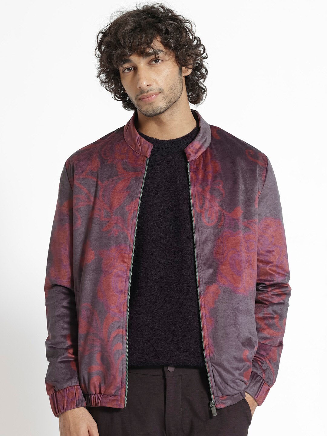 

RARE RABBIT Men Dalia Tailored Fit Floral Printed Mandarin Jacket, Maroon