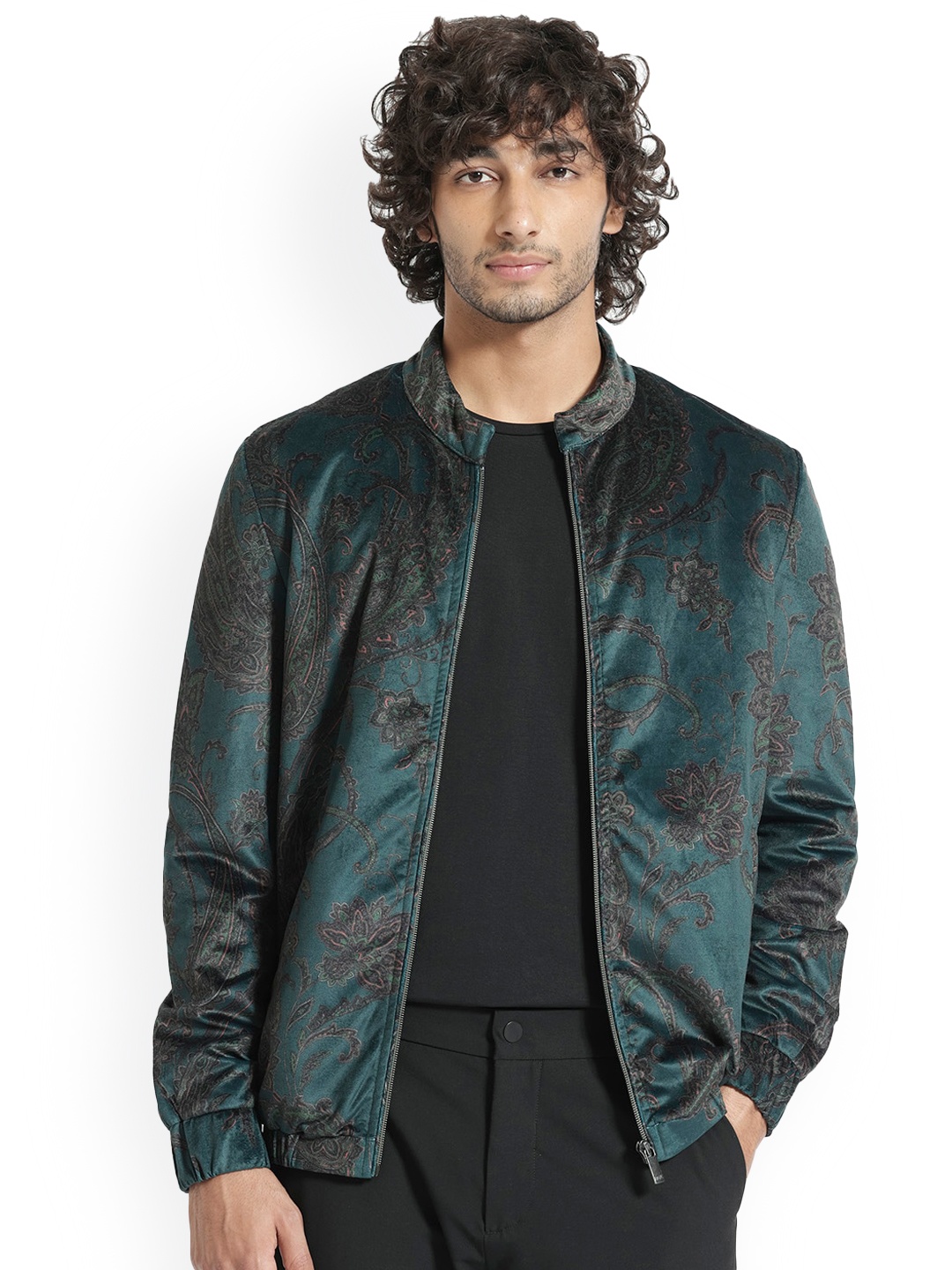 

RARE RABBIT Men Dalia Tailored Fit Floral Printed Mock Collar Jacket, Teal