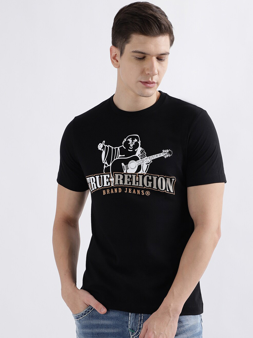 

True Religion Typography Printed Round Neck Short Sleeves Pure Cotton T-Shirt, Black