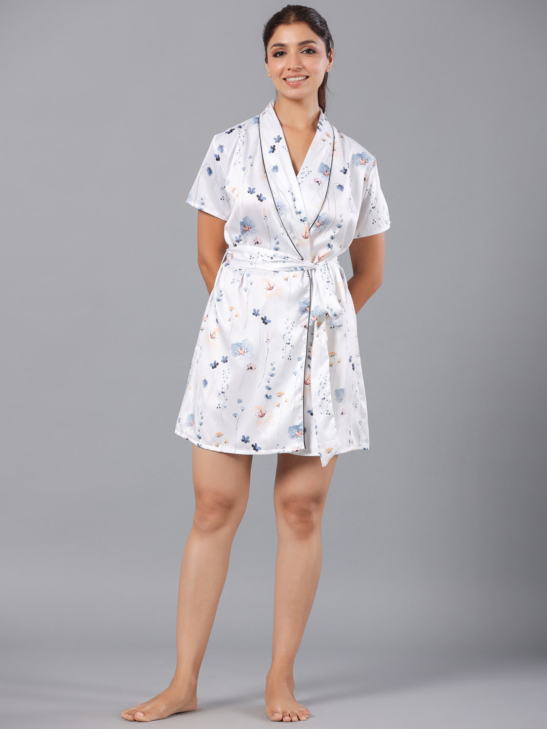 

ETC V-Neck Floral Printed Belted Robe, White