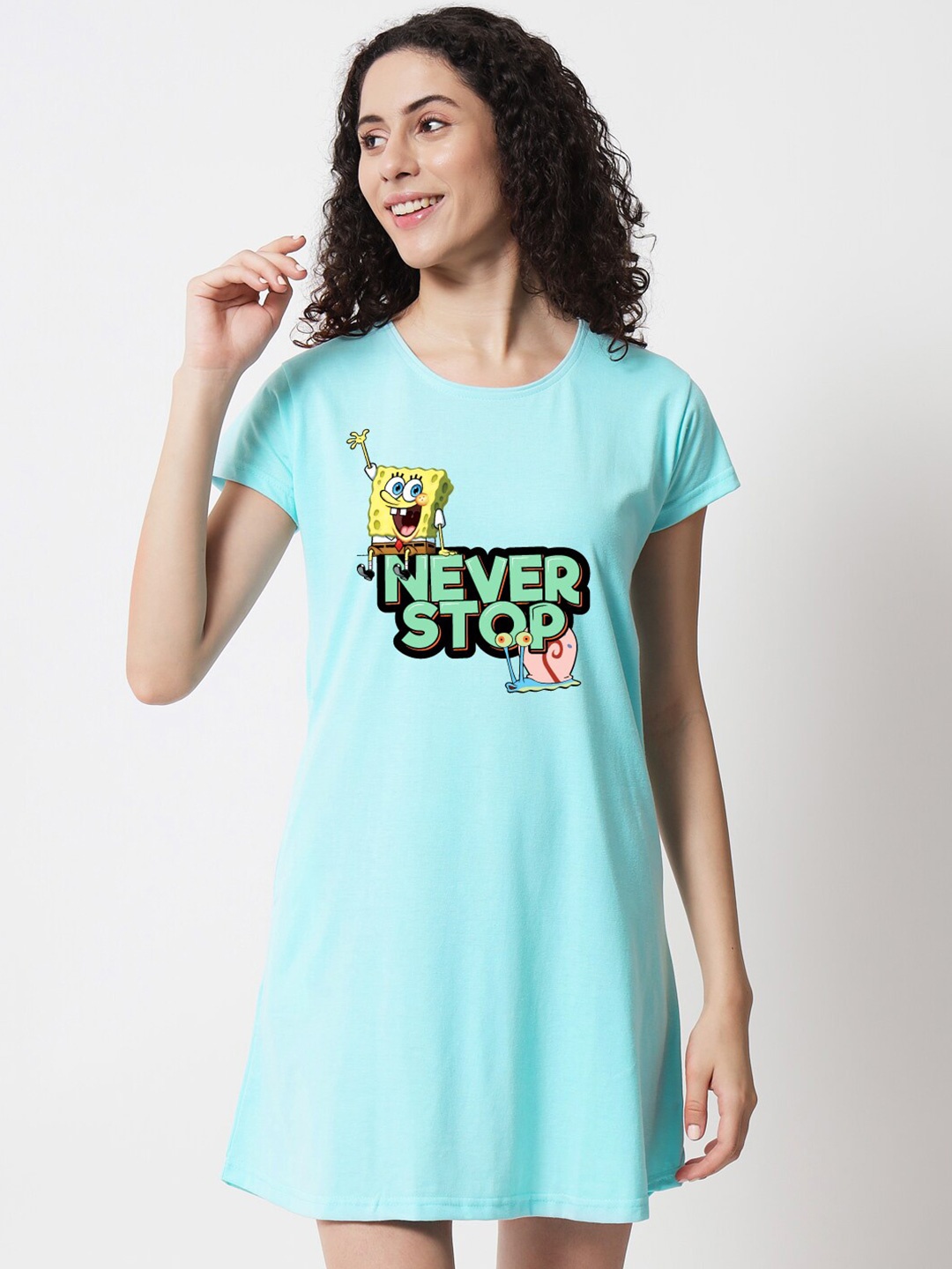 

FFLIRTYGO Typography Printed Round Neck T-shirt Nightdress, Turquoise blue