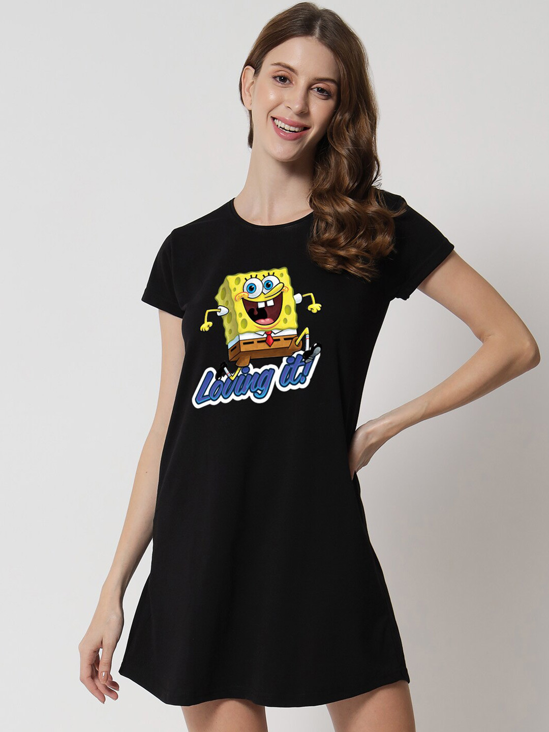 

FFLIRTYGO Cartoon Characters Printed T-shirt Nightdress, Black