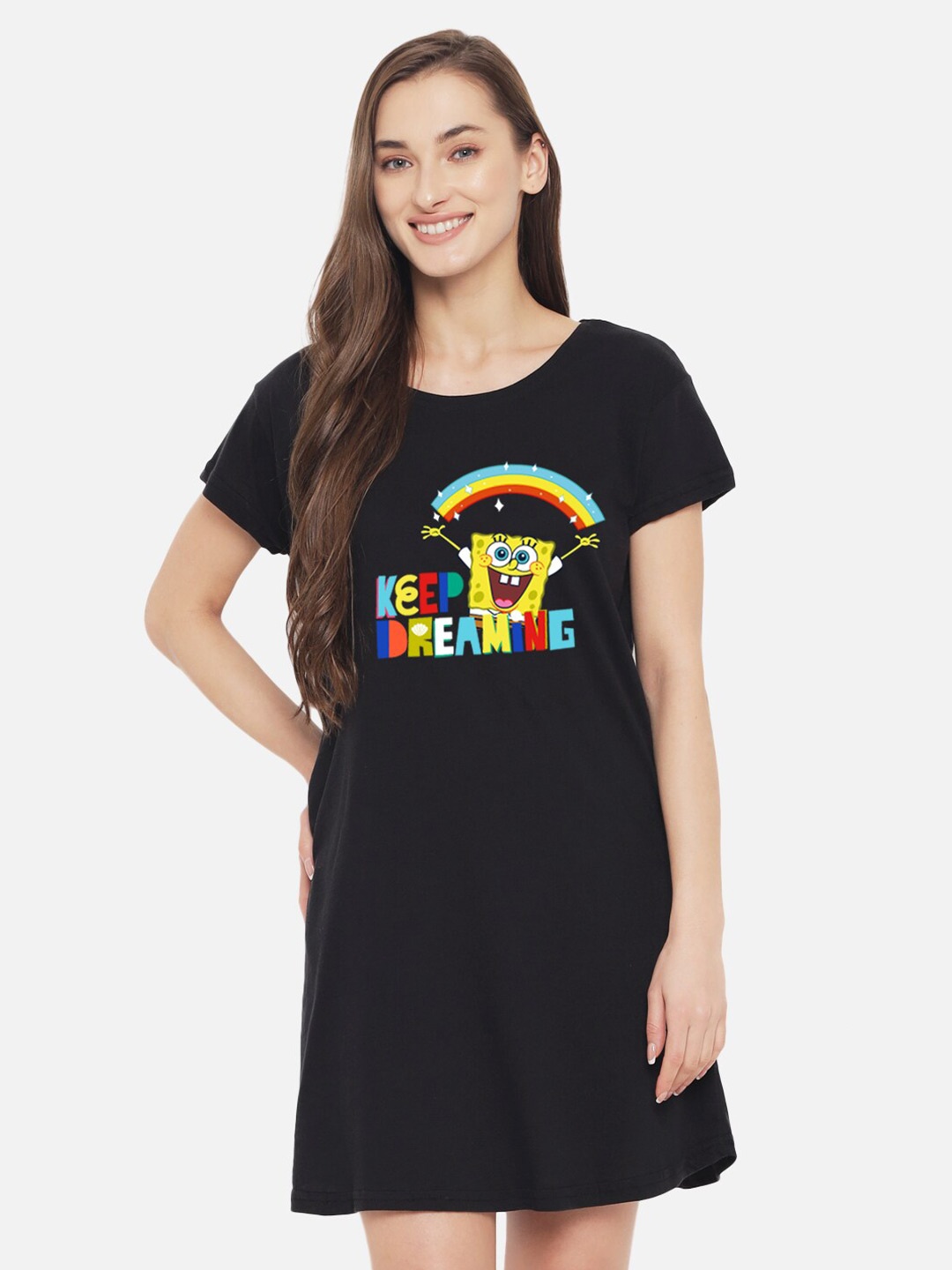 

FFLIRTYGO Typography Printed Round Neck T-shirt Nightdress, Black