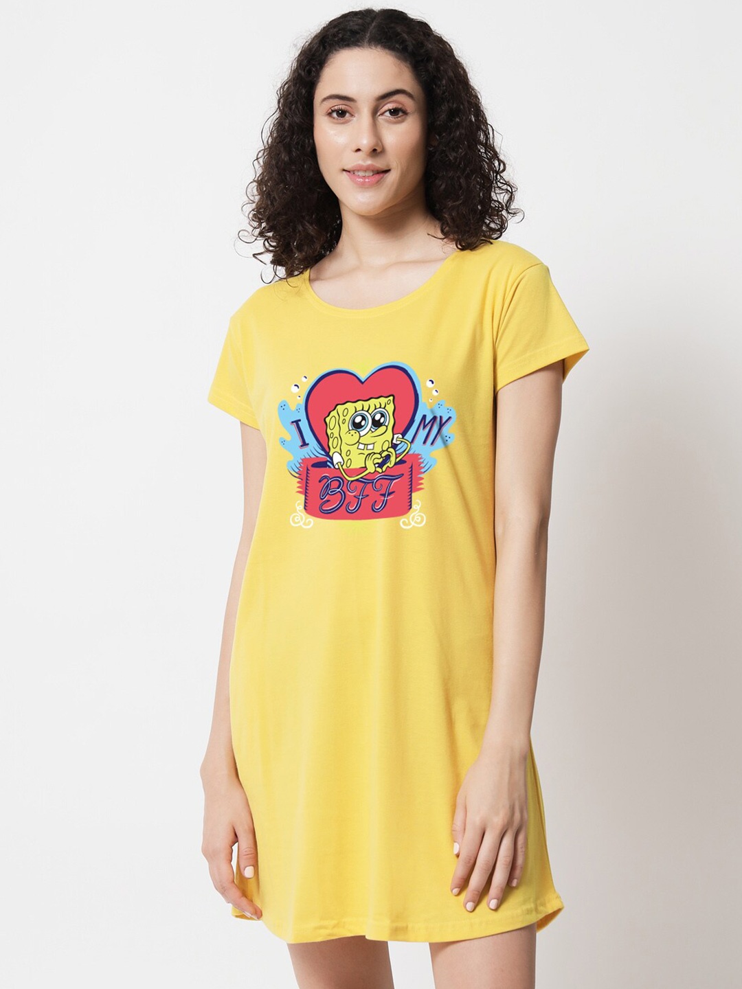 

FFLIRTYGO Cartoon Characters Printed Round Neck T-shirt Nightdress, Yellow