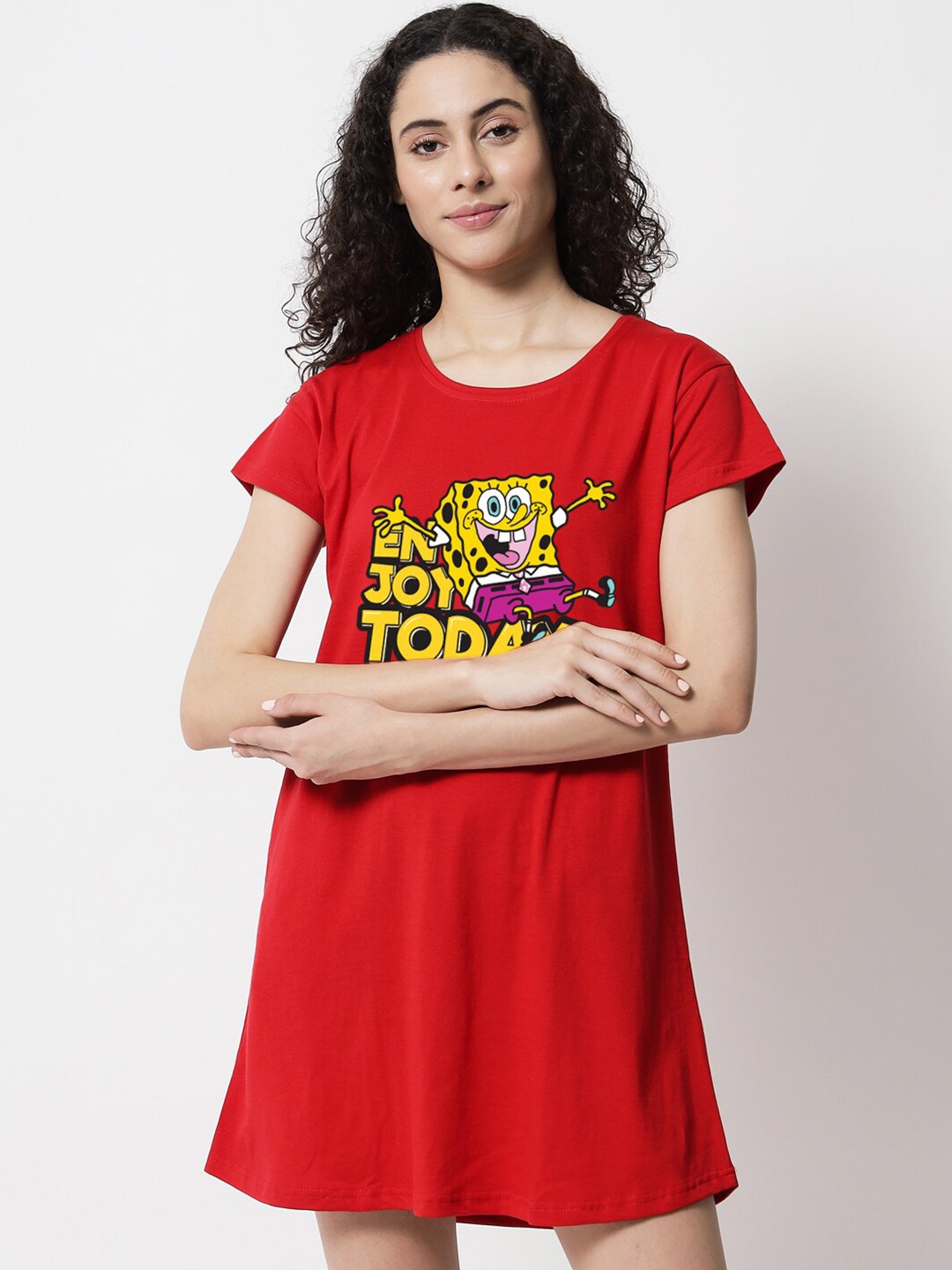 

FFLIRTYGO Typography Printed Round Neck T-shirt Nightdress, Red