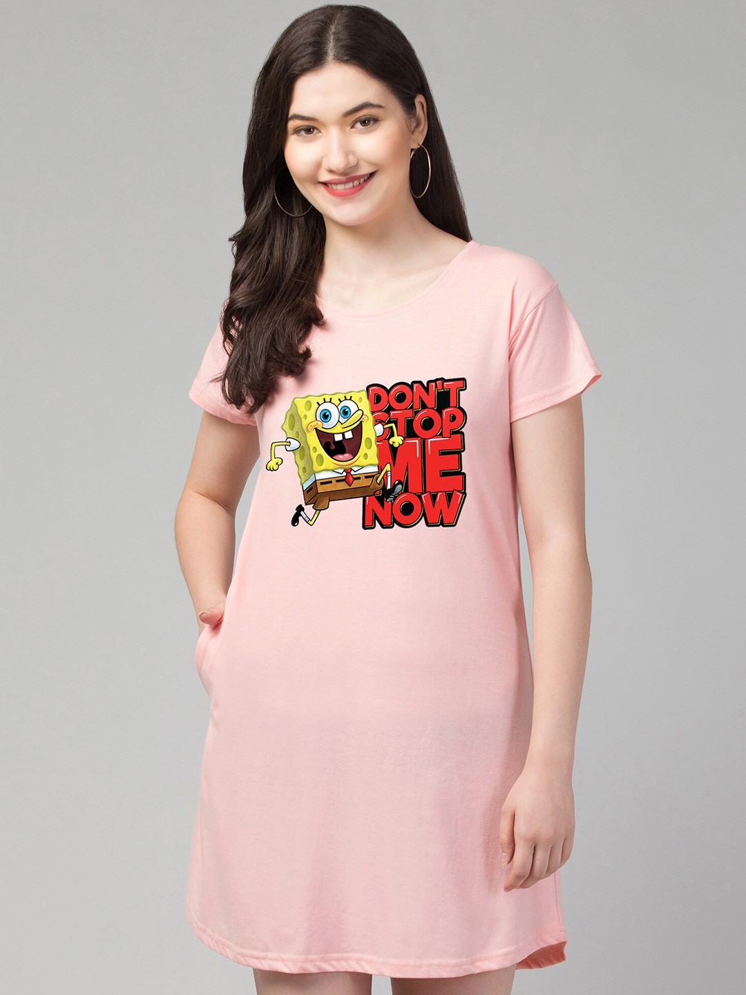 

FFLIRTYGO Typography Printed Round Neck T-shirt Nightdress, Pink
