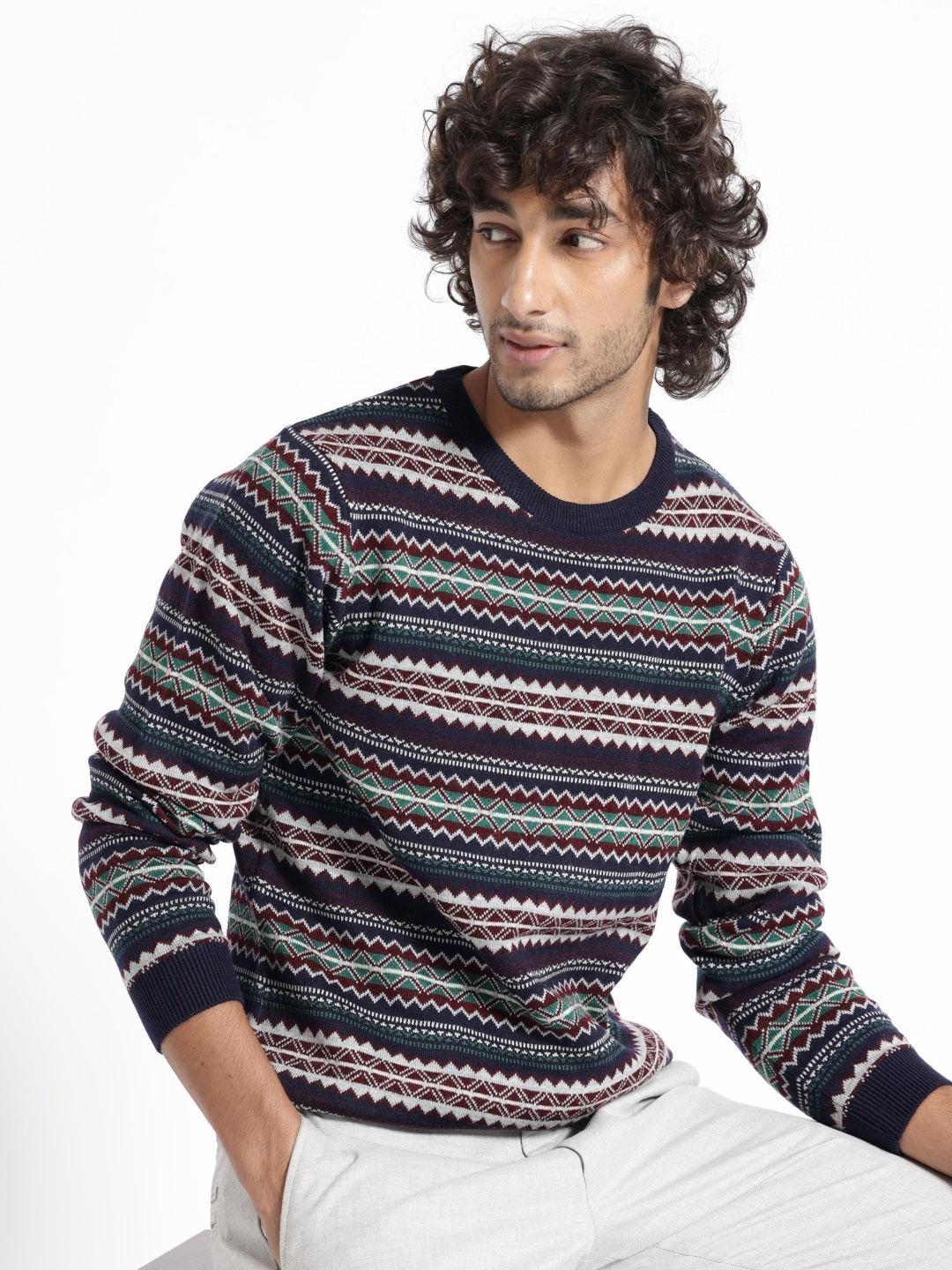 

RARE RABBIT Men Fare Round Neck Geometric Printed Pullover Sweater, Navy blue