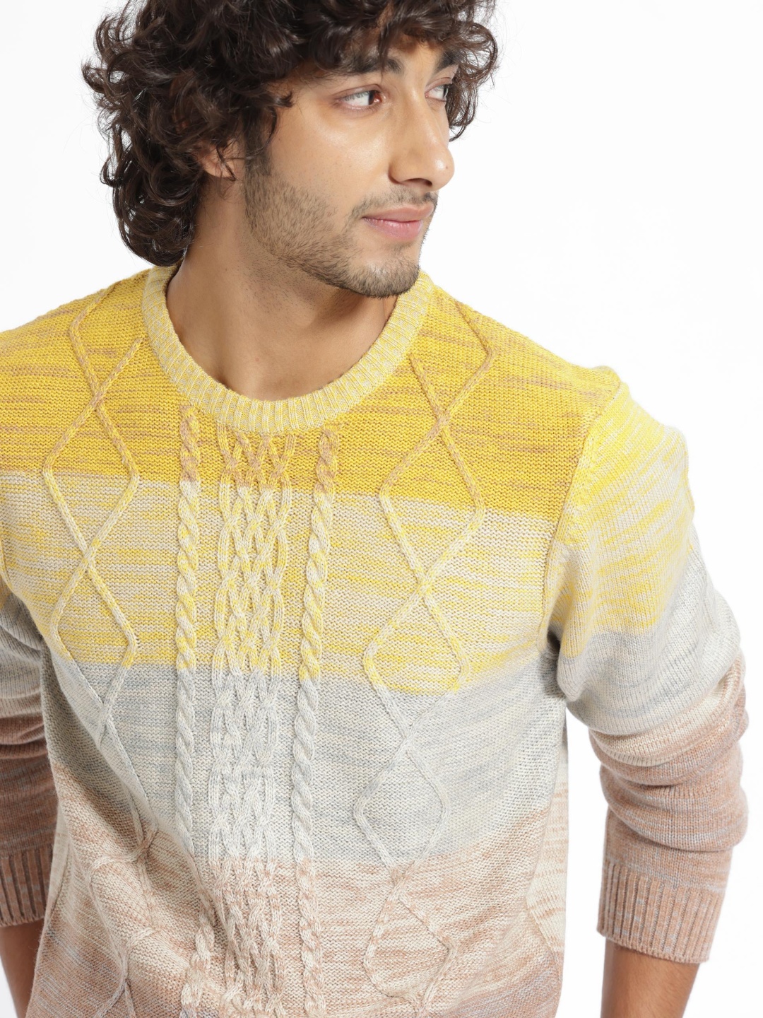 

RARE RABBIT Men Grindle Crew Neck Cable Knit Sweater, Mustard