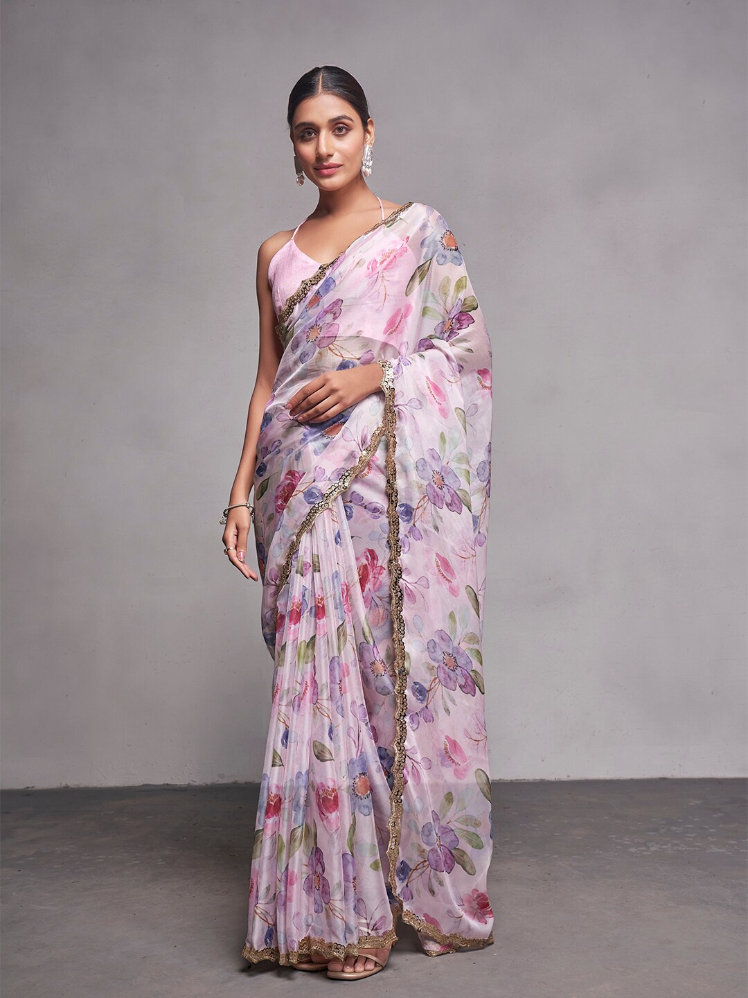 

Kalista Floral Printed Sequinned Organza Saree, Pink