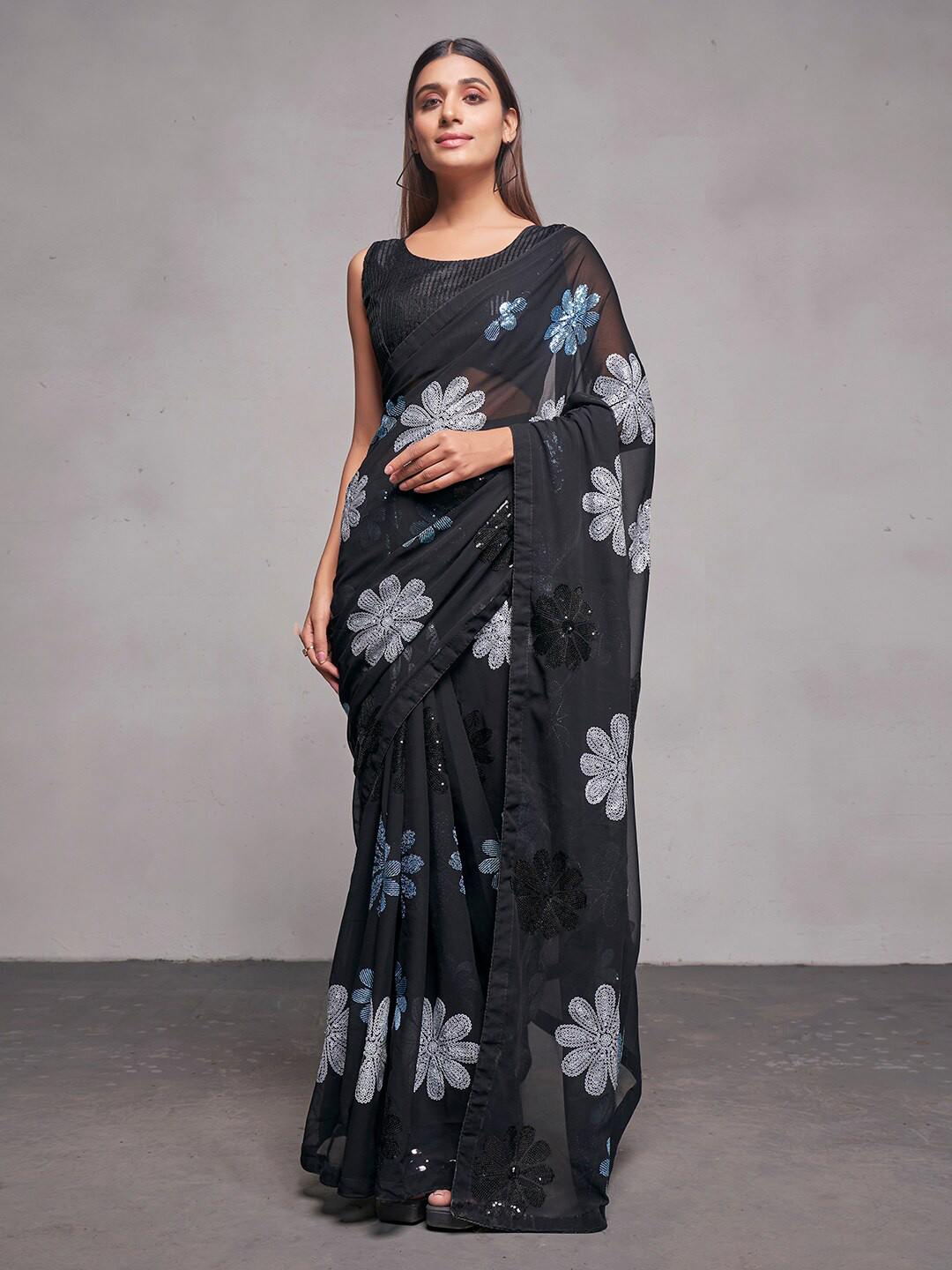 

Kalista Embellished Sequinned Pure Georgette Saree, Black