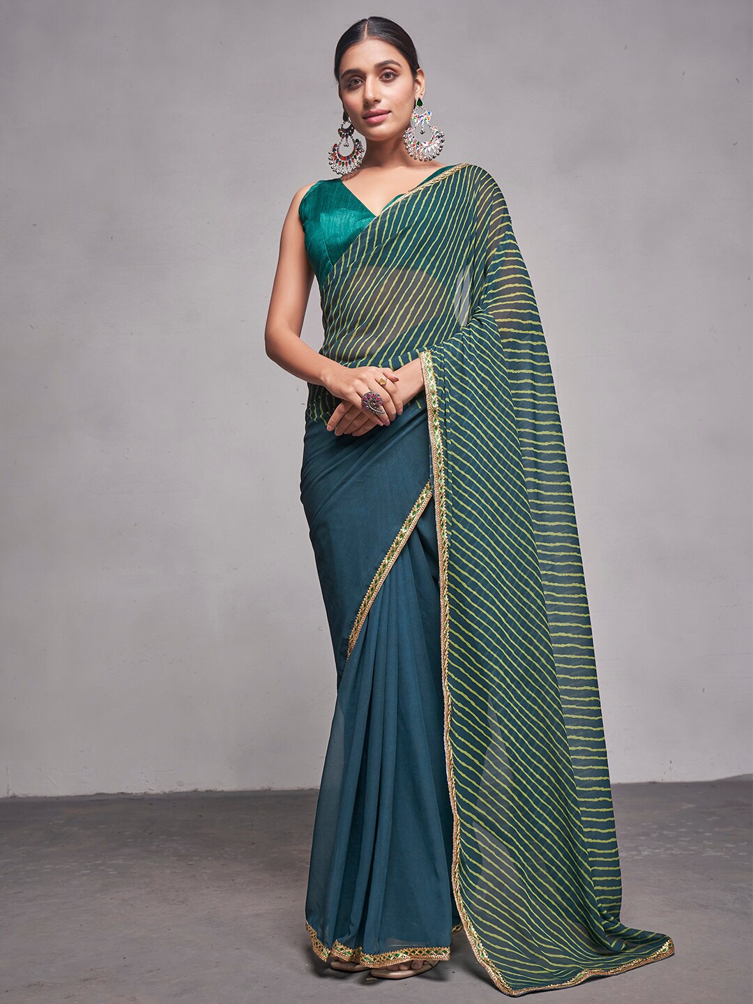 

Kalista Leheriya Pure Georgette Bandhani Saree, Green