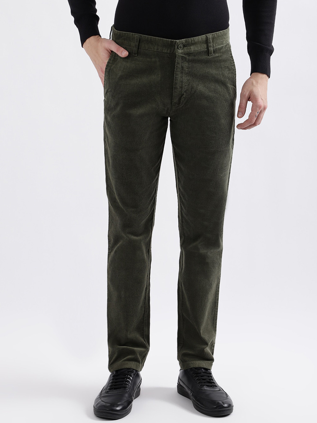 

Iconic Men Cotton Plain Flat-Front Slim Fit Trousers, Olive