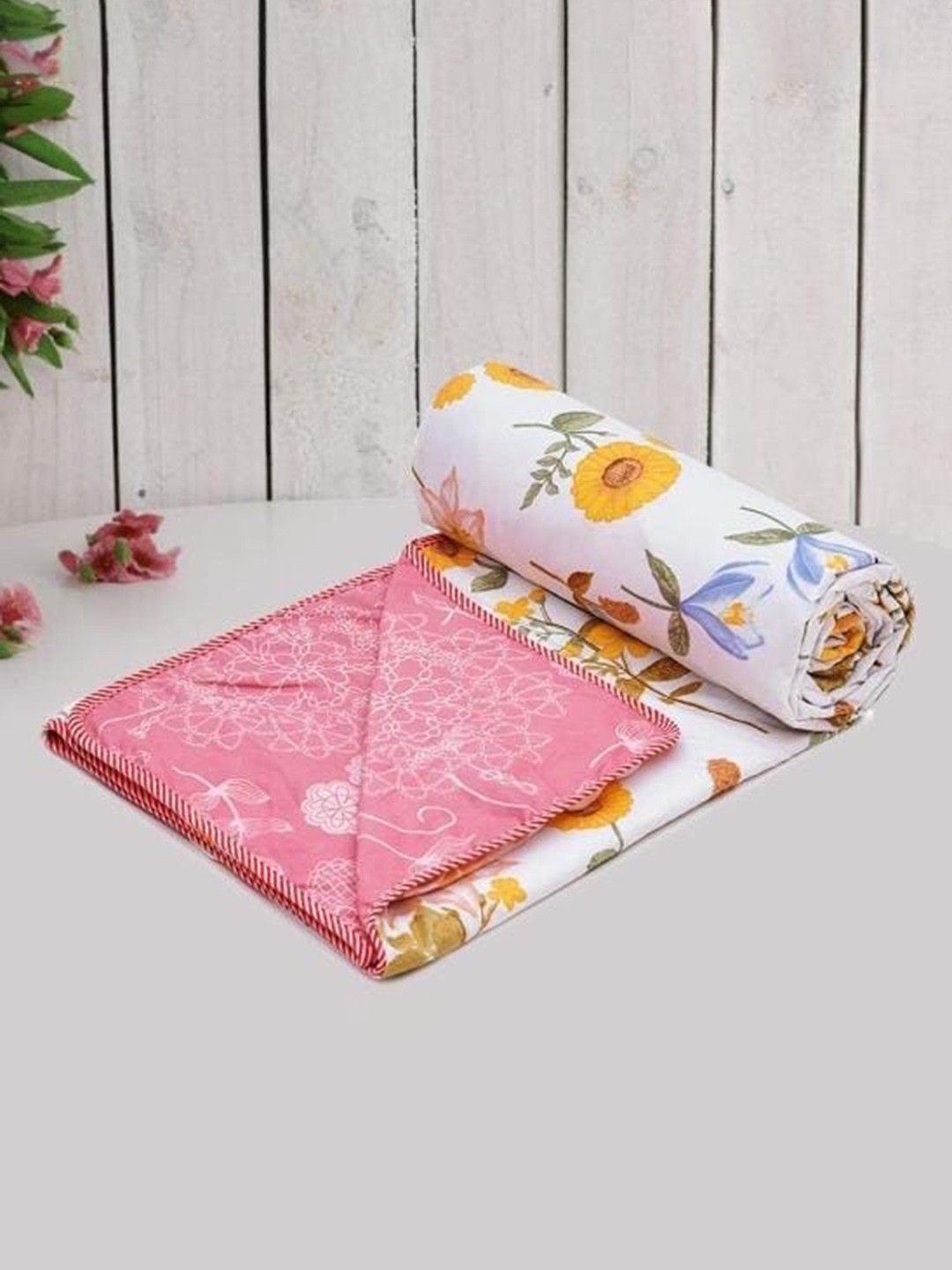 

RRC White & Yellow Floral AC Room 120 GSM Reversible Double Bed Dohar