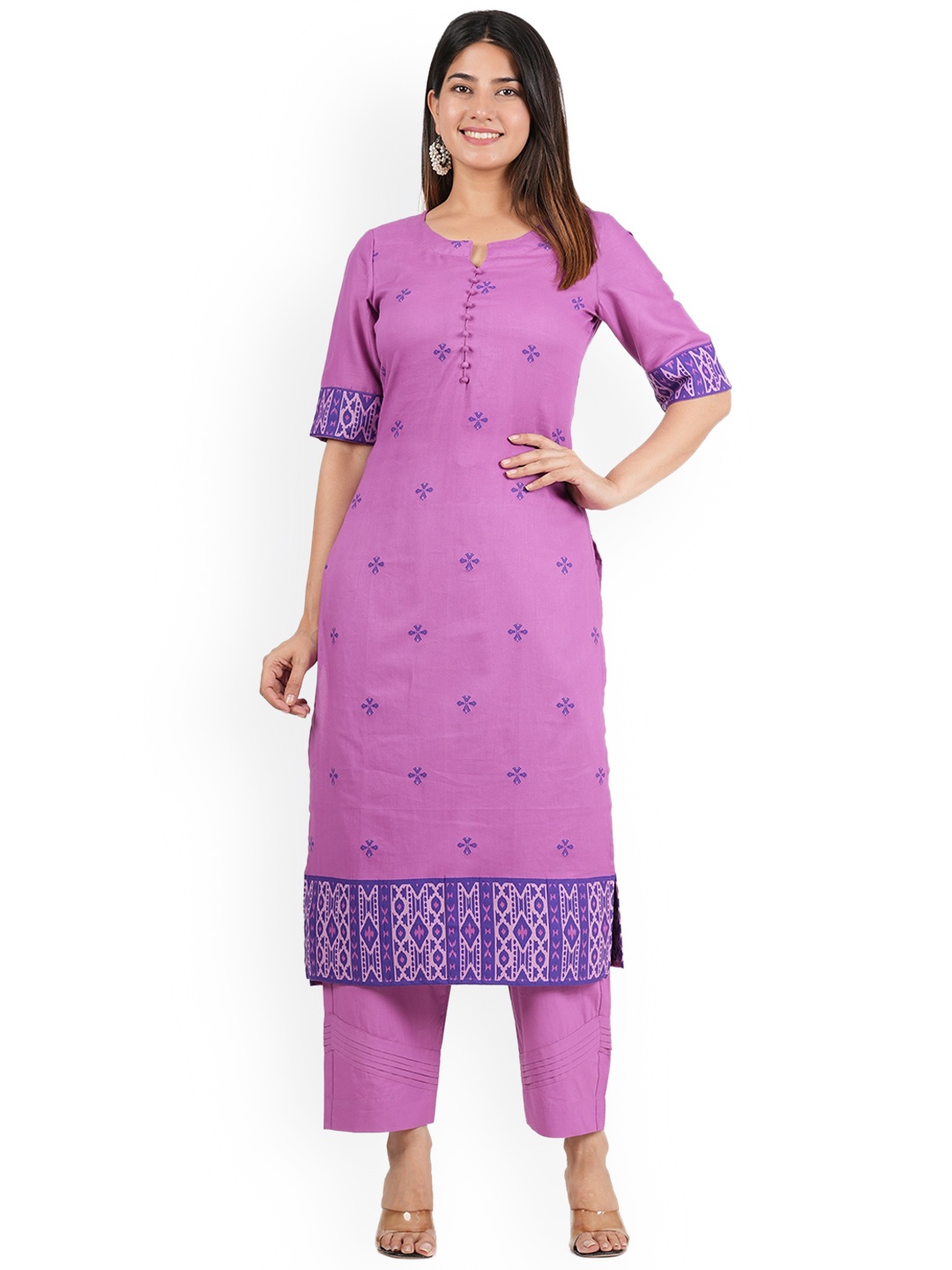 

JAIPURIBANNO Women Pink Ethnic Motifs Printed Regular Pure Cotton Kurta with Trousers & With Dupatta