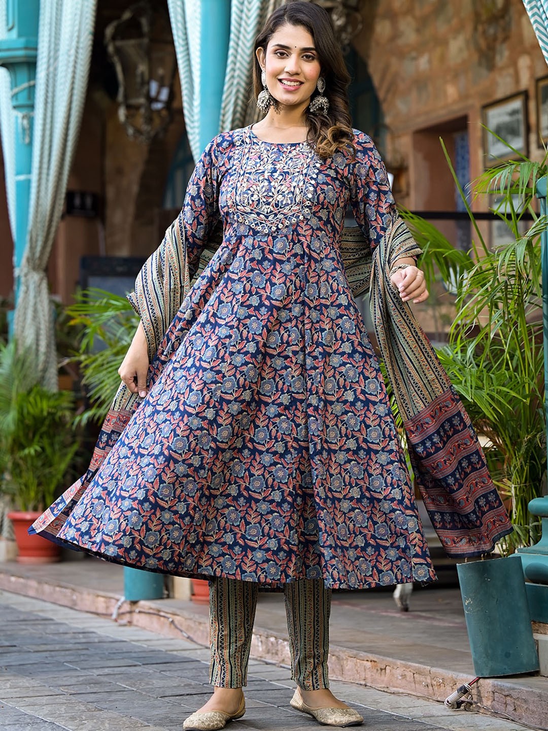 

Yufta Floral Printed Mirror Work Pure Cotton Kurta with Trousers & Dupatta, Blue