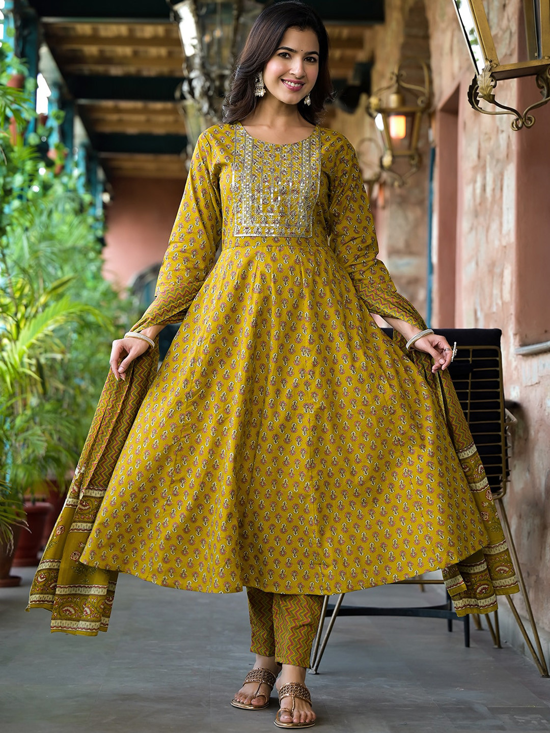 

Yufta Floral Printed Empire Sequinned Pure Cotton Kurta & Trousers With Dupatta, Mustard