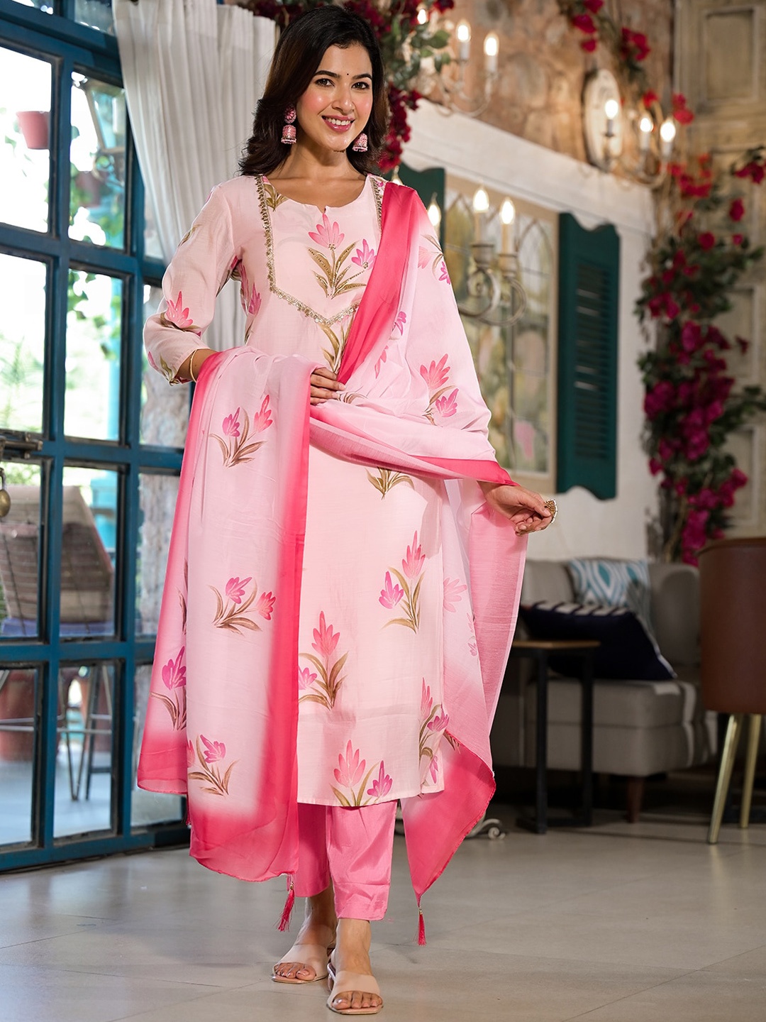 Yufta Floral Printed Regular Chanderi Silk Kurta With Trousers & Dupatta, Pink