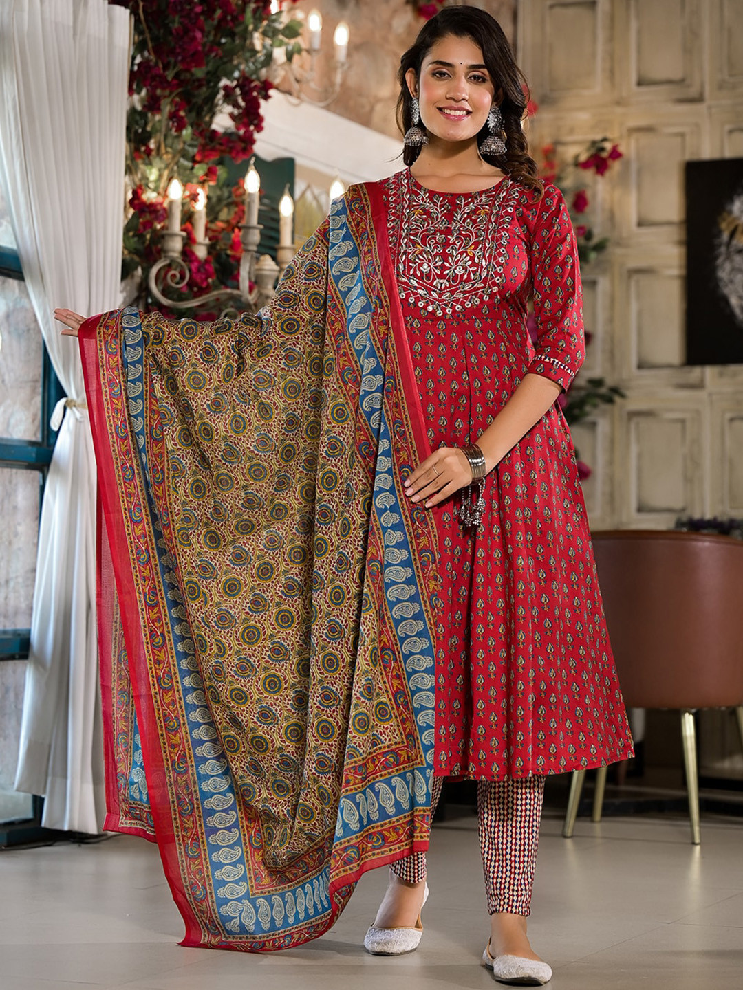 

Yufta Ethnic Motifs Printed Mirror Work Pure Cotton Kurta & Trousers With Dupatta, Red