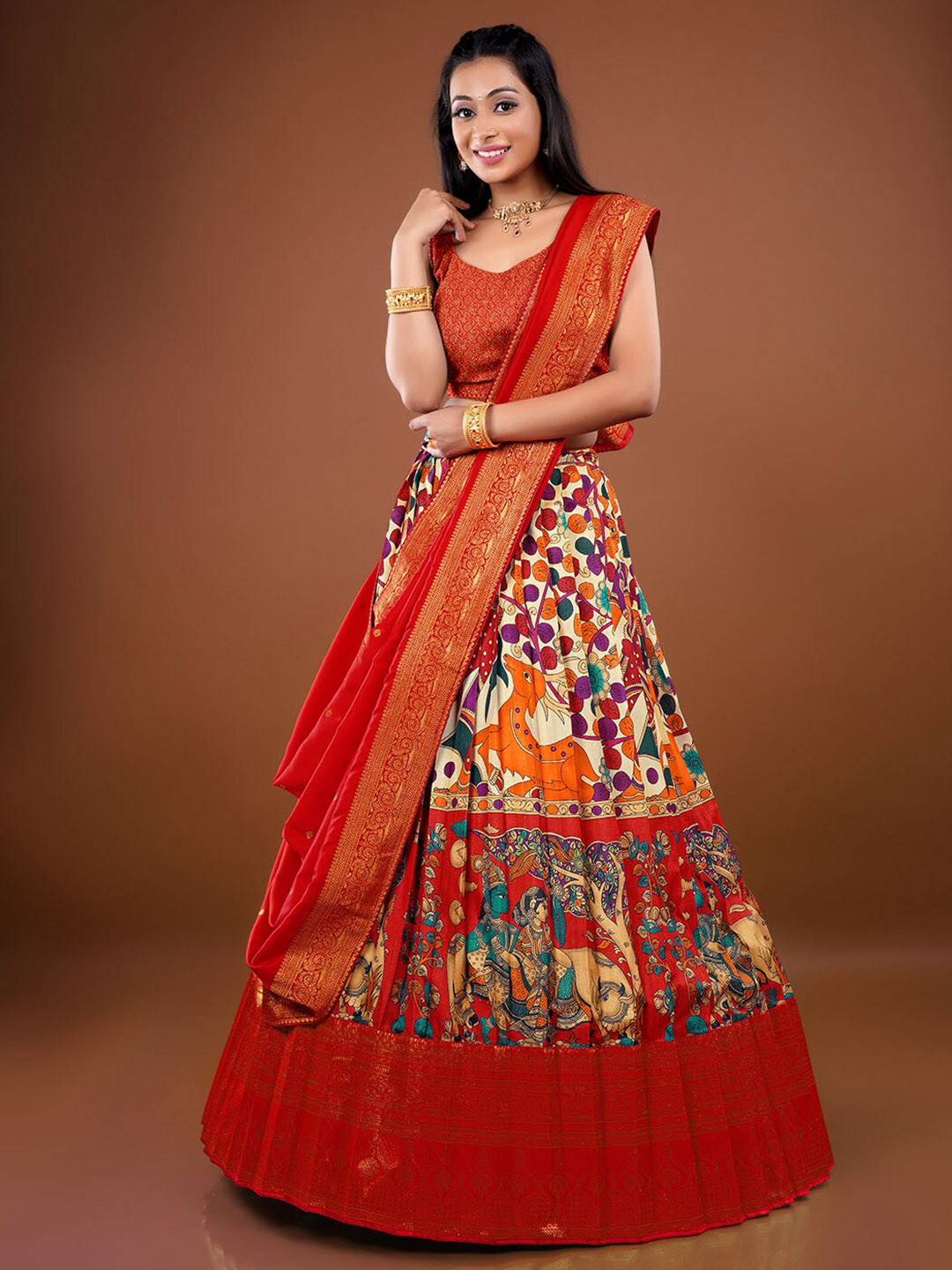 

HALFSAREE STUDIO Kalamkari Digital Printed Semi-Stitched Lehenga & Blouse With Dupatta, Cream