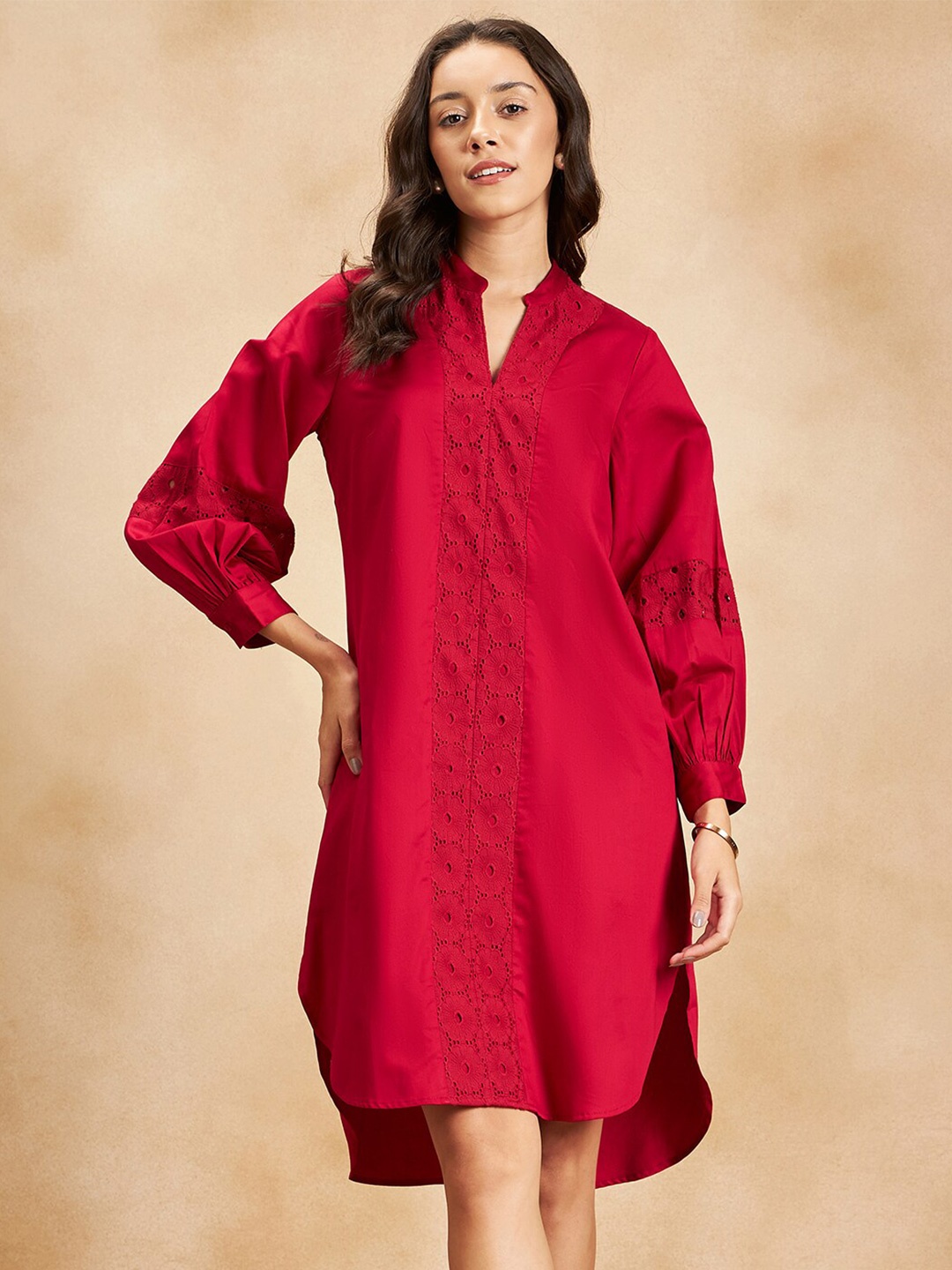 

Femella Self Design Mandarin Collar Cuffed Sleeves Schiffli Pure Cotton A-Line Dress, Red