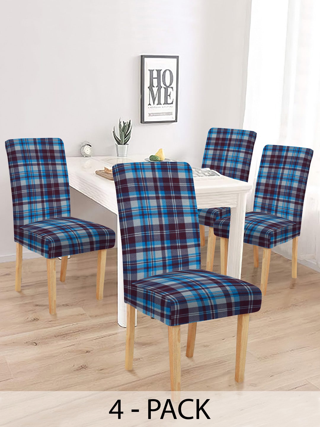 

MULTITEX Blue & Brown 4 Pieces Checked Chair Covers
