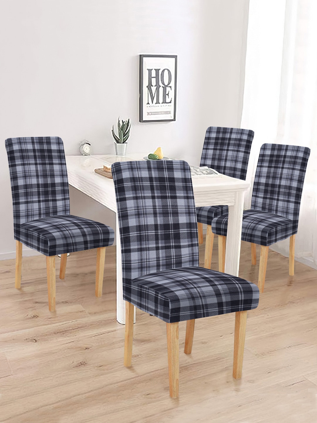 

MULTITEX Grey 4 Pieces Checked Chair Covers