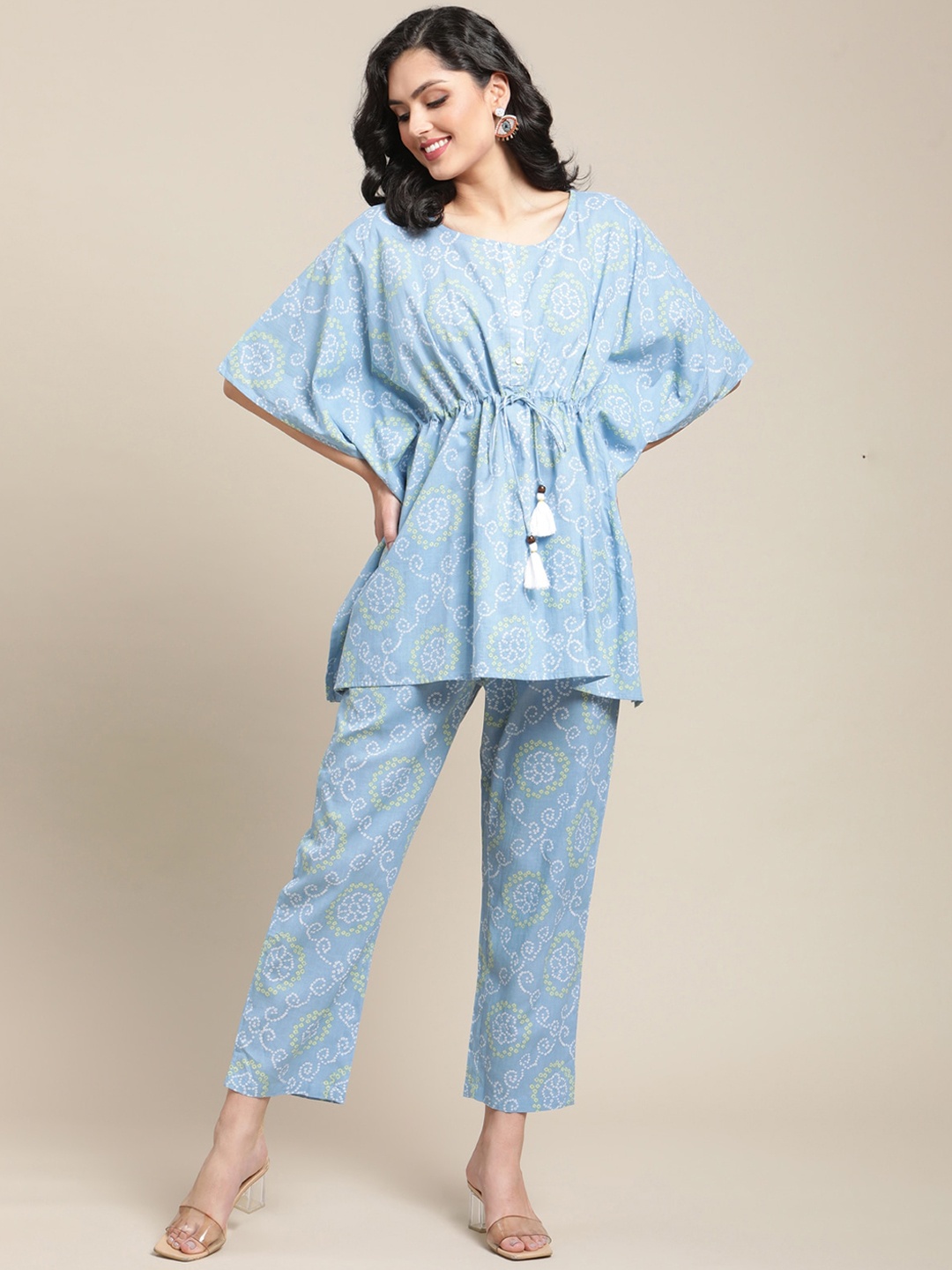 

Varanga Bandhani Printed Pure Cotton Kaftan Kurta With Trousers, Blue