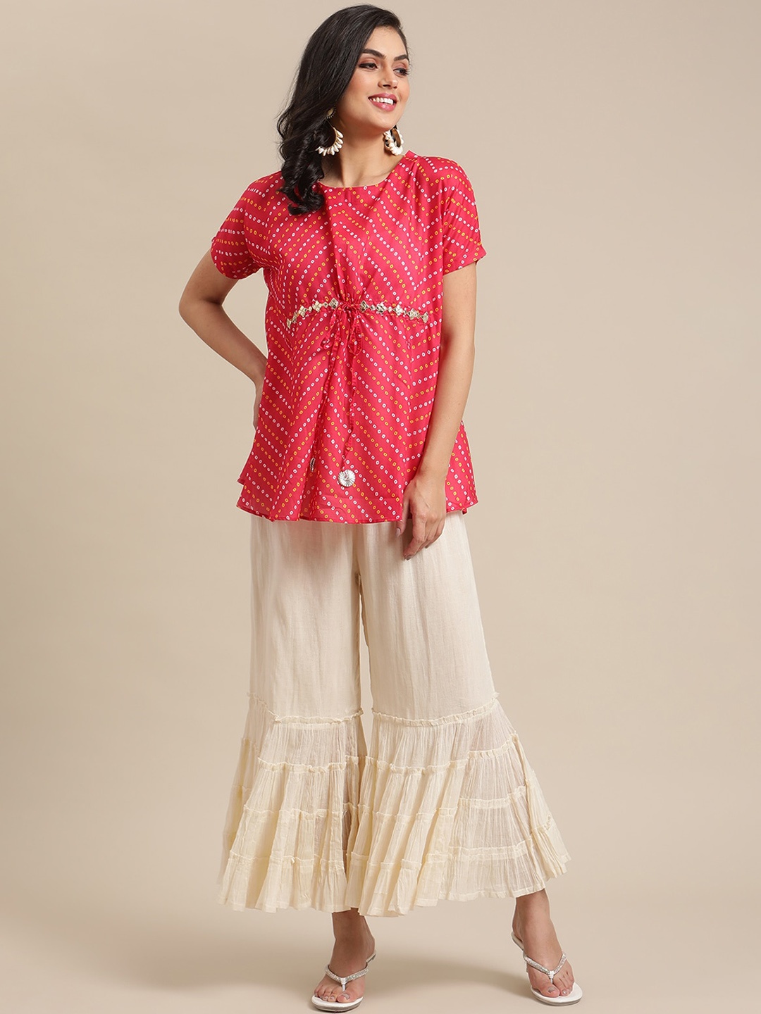 

Varanga Bandhani Printed Round Neck Top With Flared Palazzo, Pink