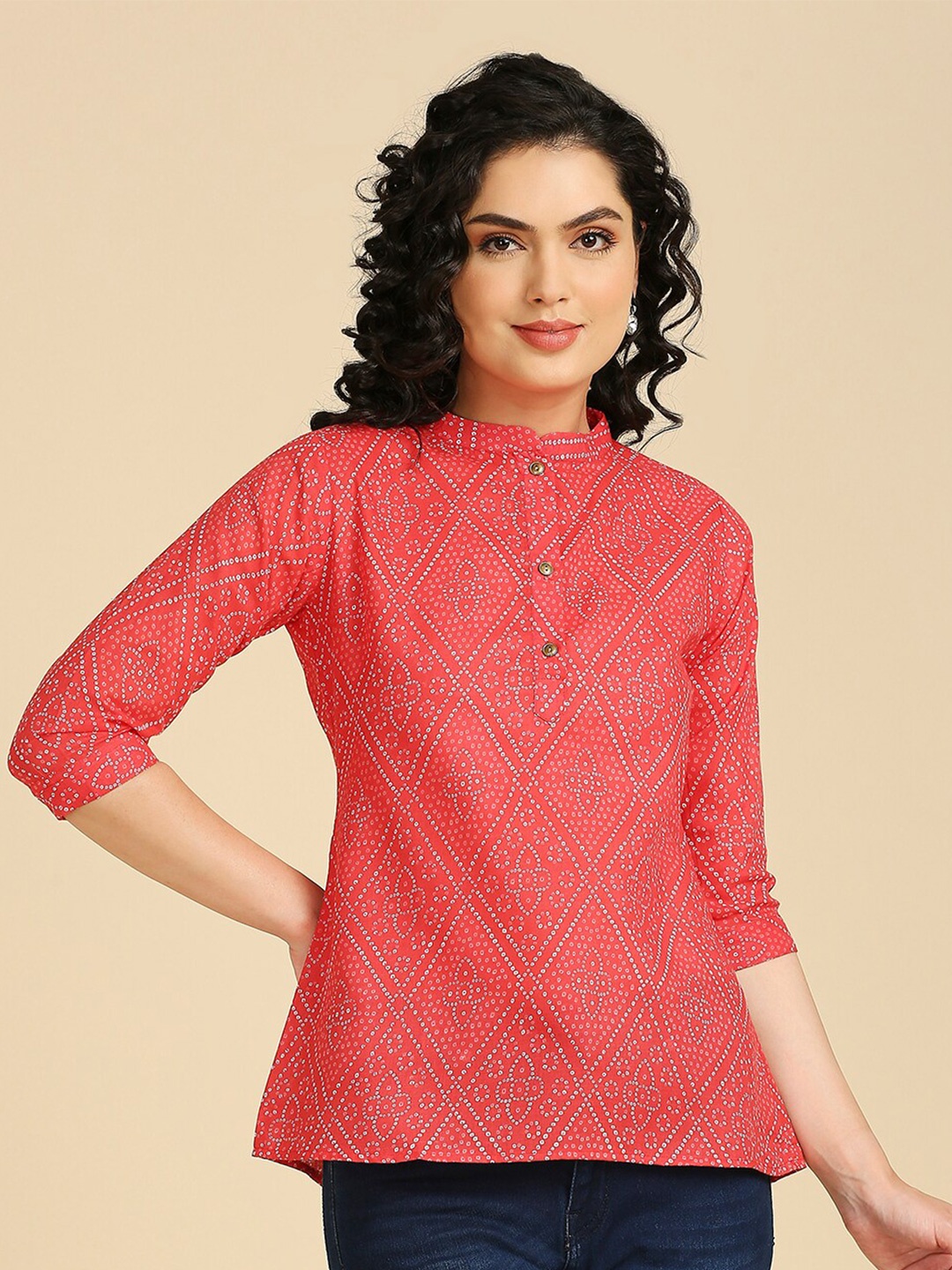 

GUFRINA Ethnic Motifs Printed Mandarin Collar Cotton Shirt Style Top, Red