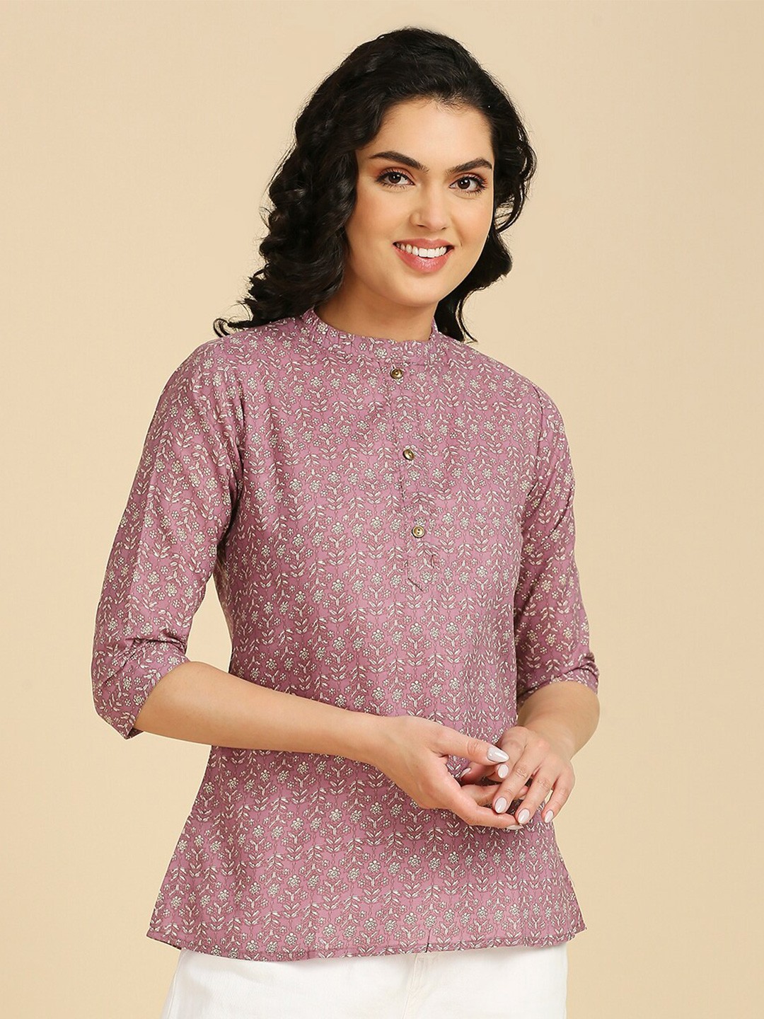 

GUFRINA Floral Printed Mandarin Collar Cotton Shirt Style Top, Purple