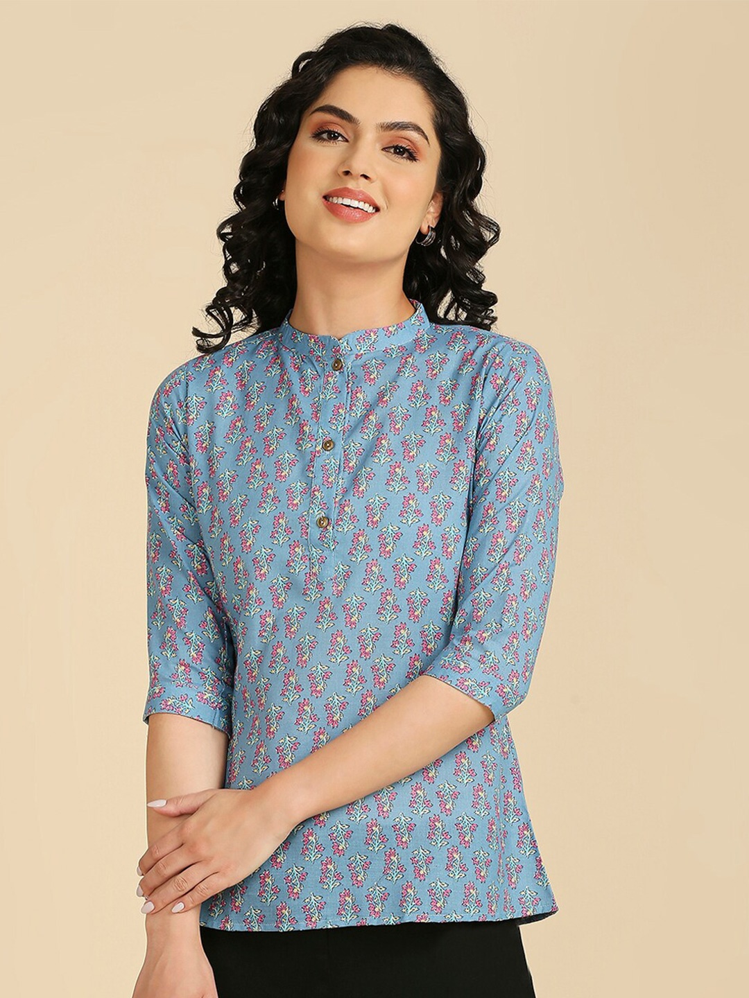 

GUFRINA Floral Printed Mandarin Collar Cotton A-Line Top, Blue