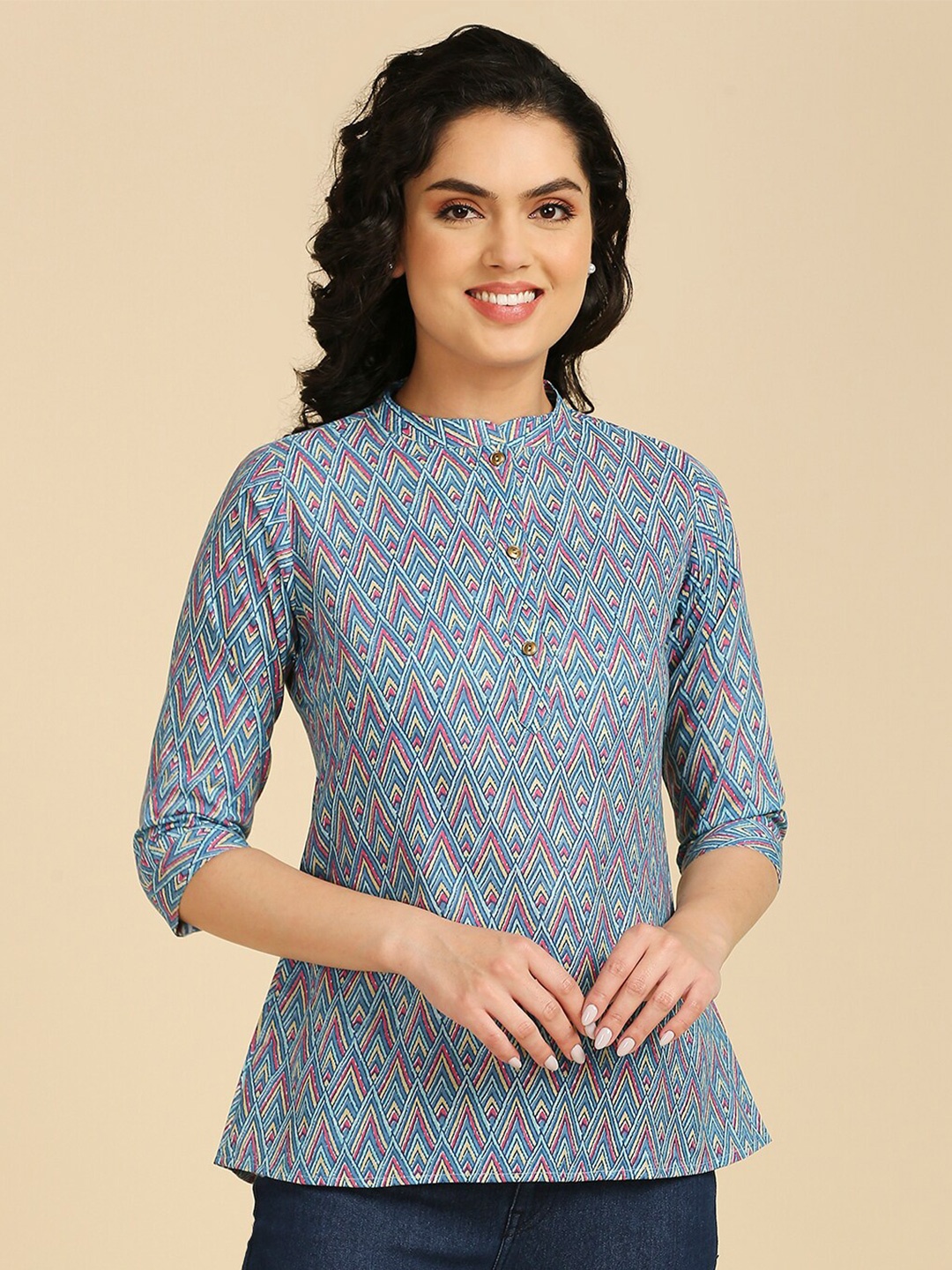 

GUFRINA Geometric Printed Mandarin Collar Cotton Shirt Style Top, Blue