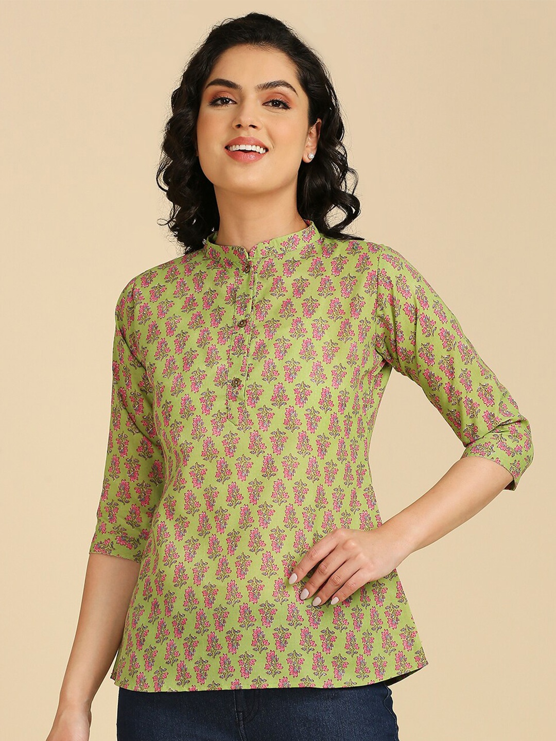 

GUFRINA Floral Printed Mandarin Collar Cotton Shirt Style Top, Green