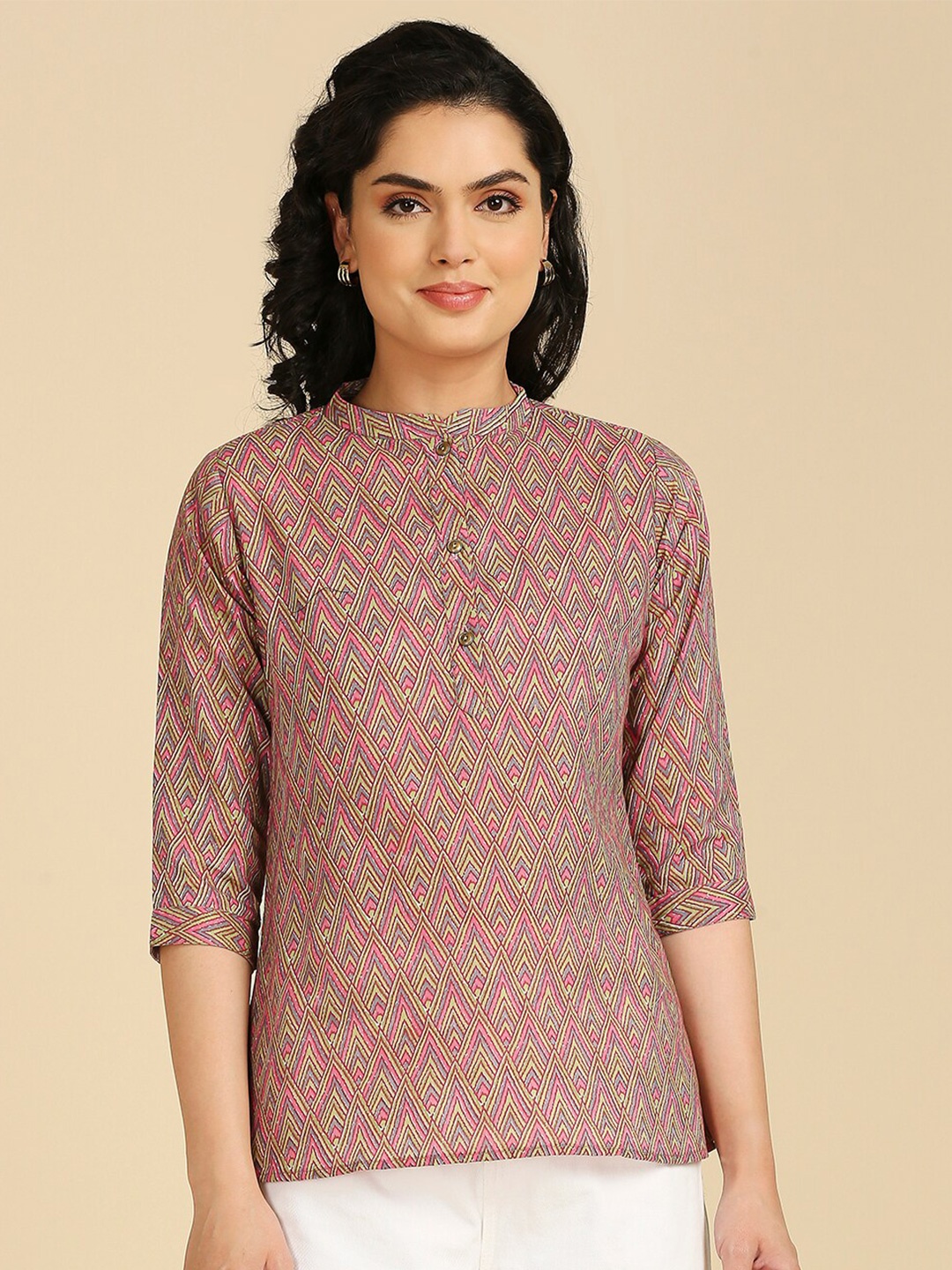 

GUFRINA Geometric Printed Mandarin Collar Cotton Shirt Style Top, Pink