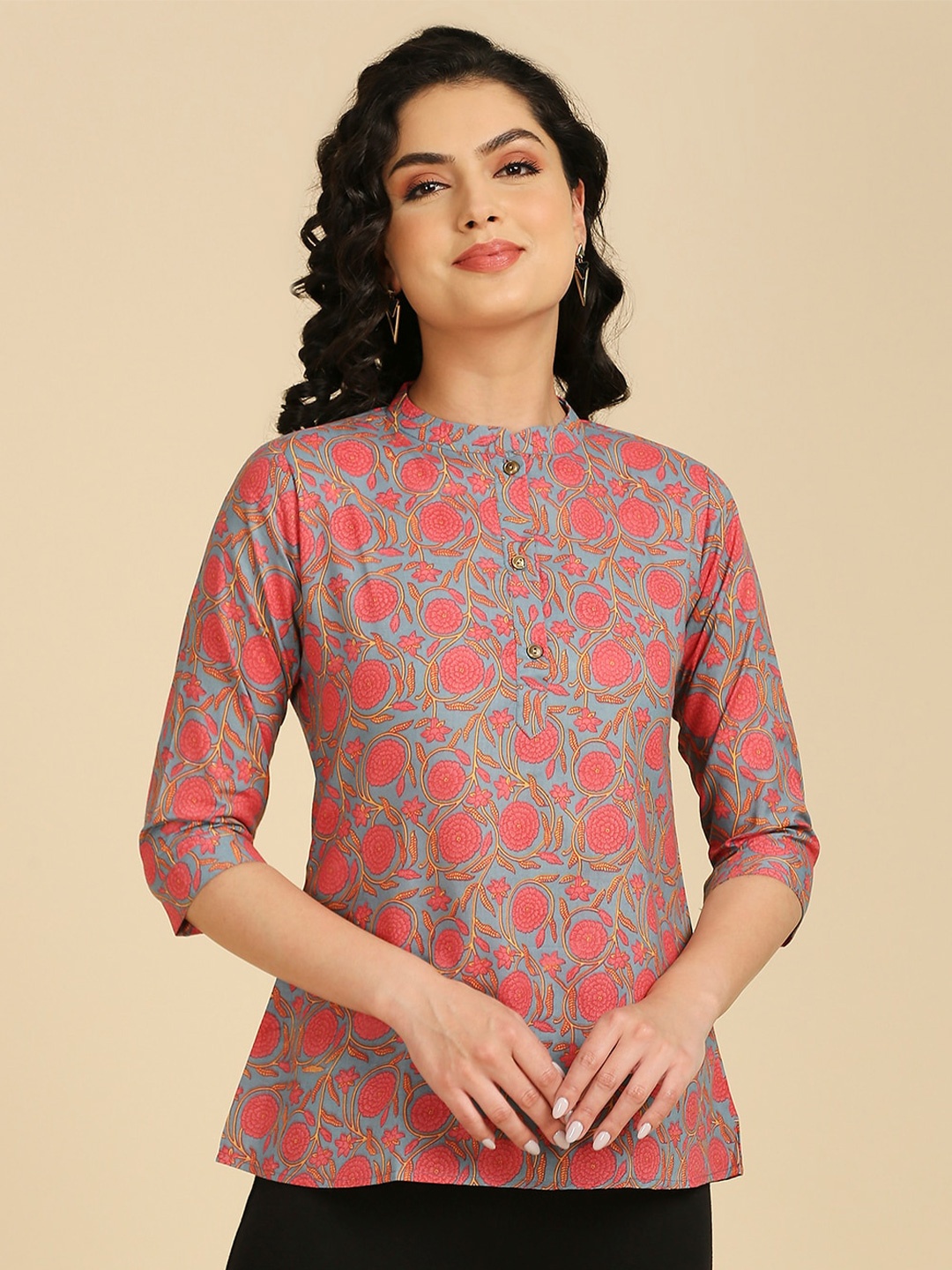 

GUFRINA Floral Printed Mandarin Collar Cotton Shirt Style Top, Peach