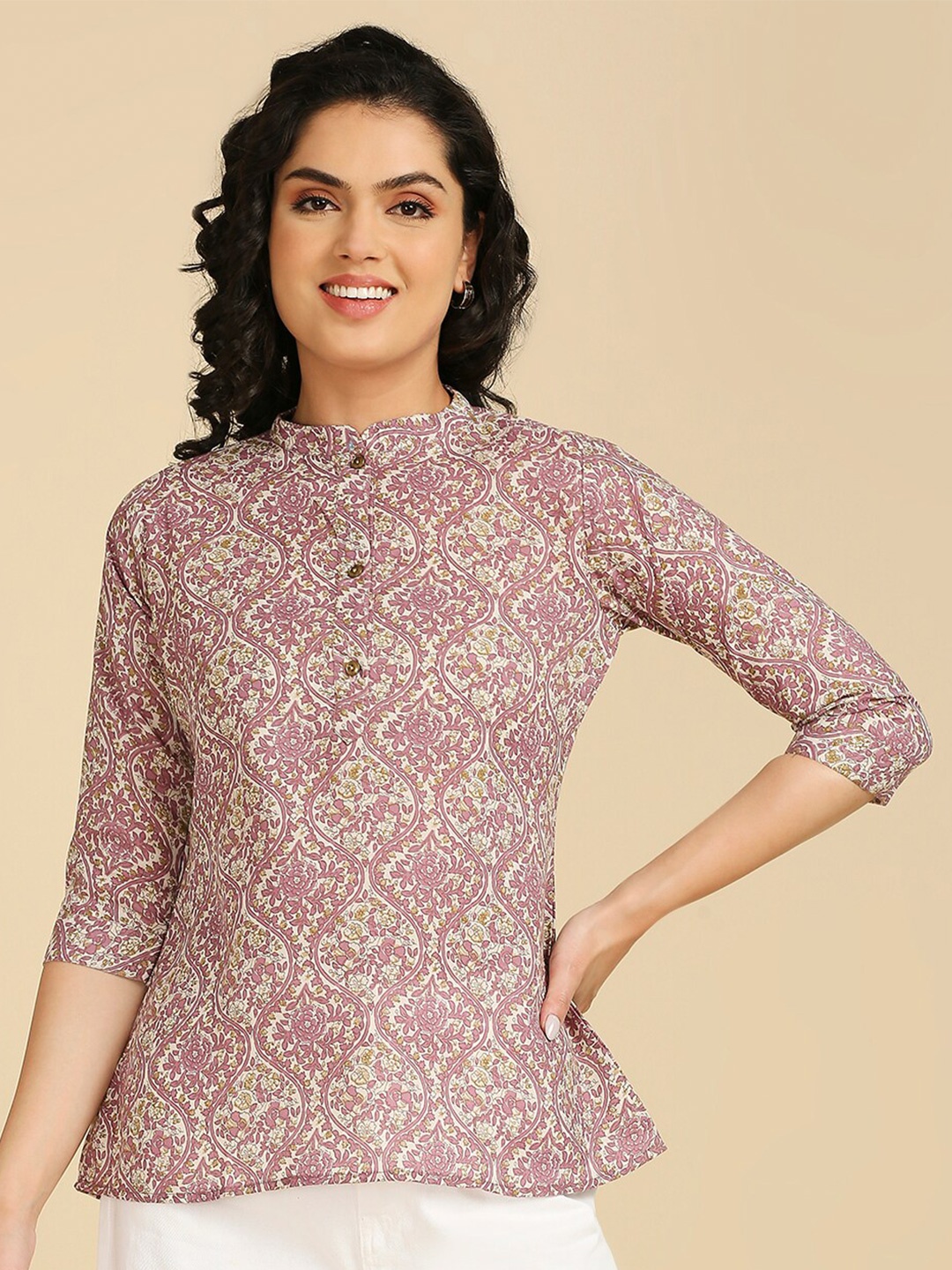 

GUFRINA Floral Printed Mandarin Collar Cotton Shirt Style Top, Pink