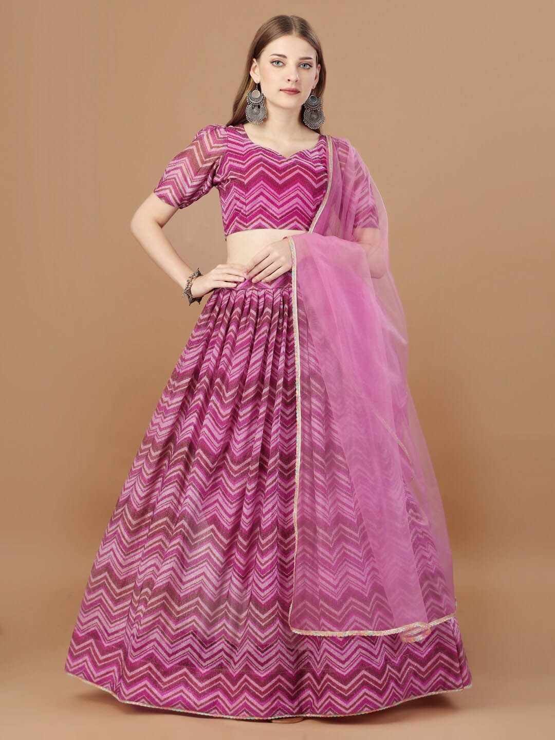 

Fab Dadu Chevron Printed Semi-Stitched Lehenga & Unstitched Blouse With Dupatta, Pink