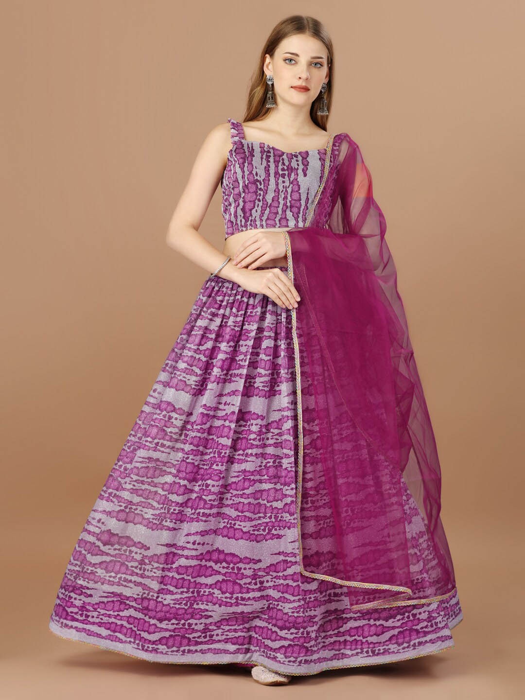 

Fab Dadu Tie and Dye Semi-Stitched Lehenga & Unstitched Blouse With Dupatta, Purple