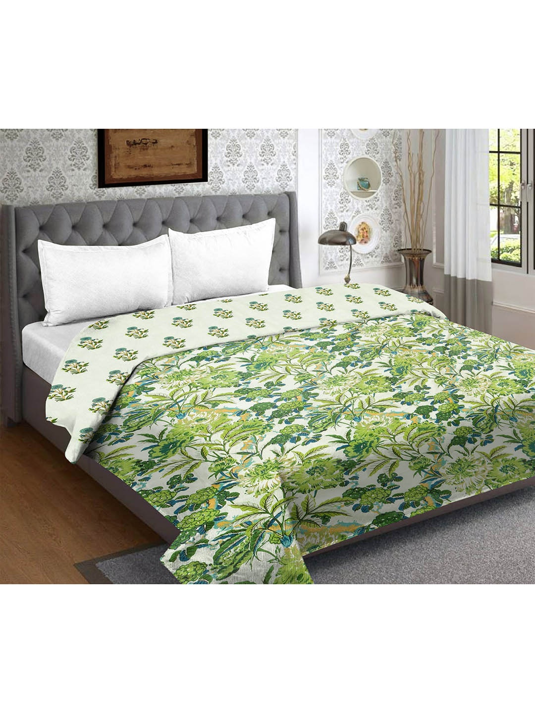 

RRC White & Green Floral Pure Cotton Reversible AC Room 120 GSM Double Bed Dohar