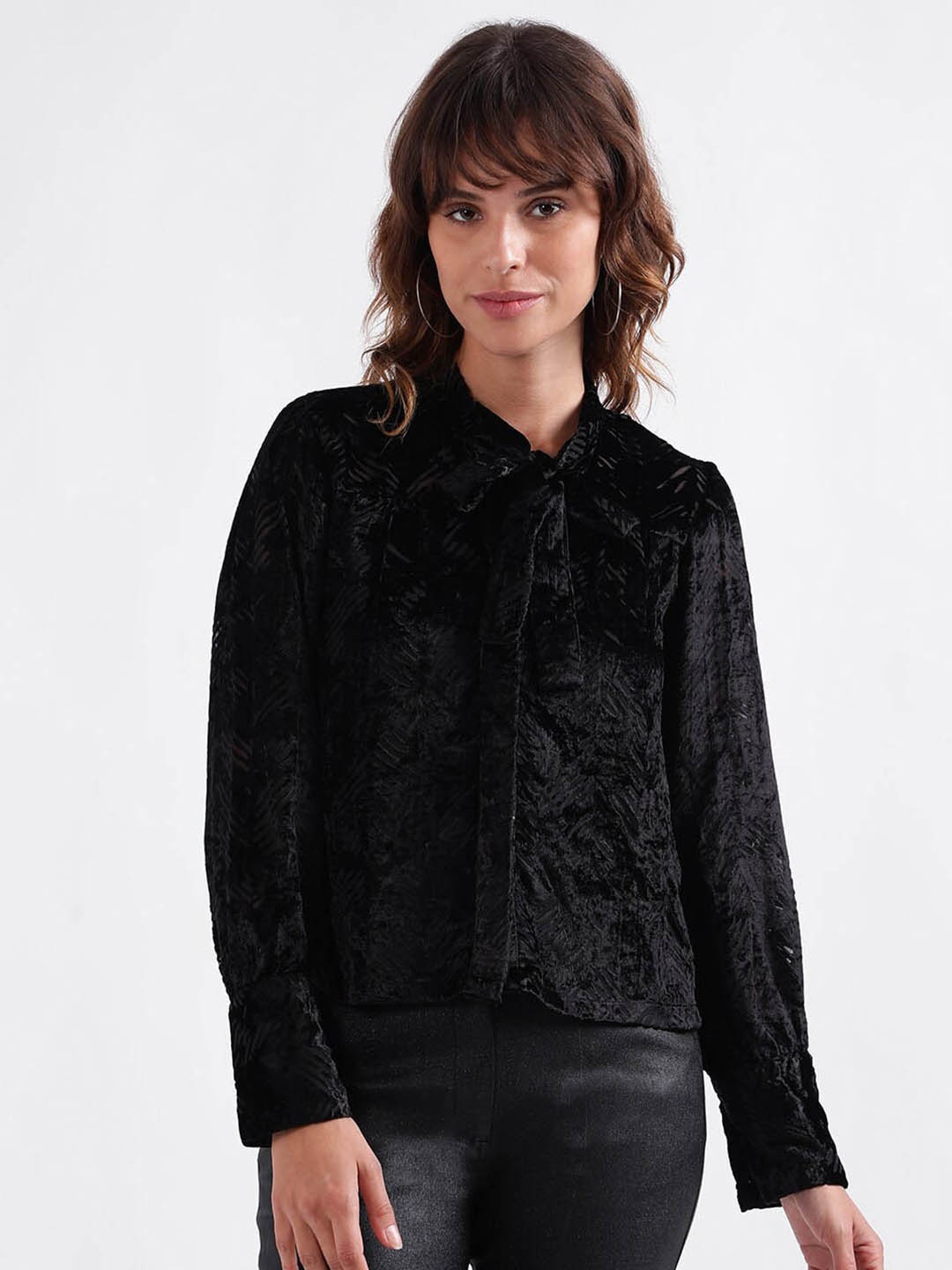 

CENTRESTAGE Tie-Up Neck Shirt Style Top, Black