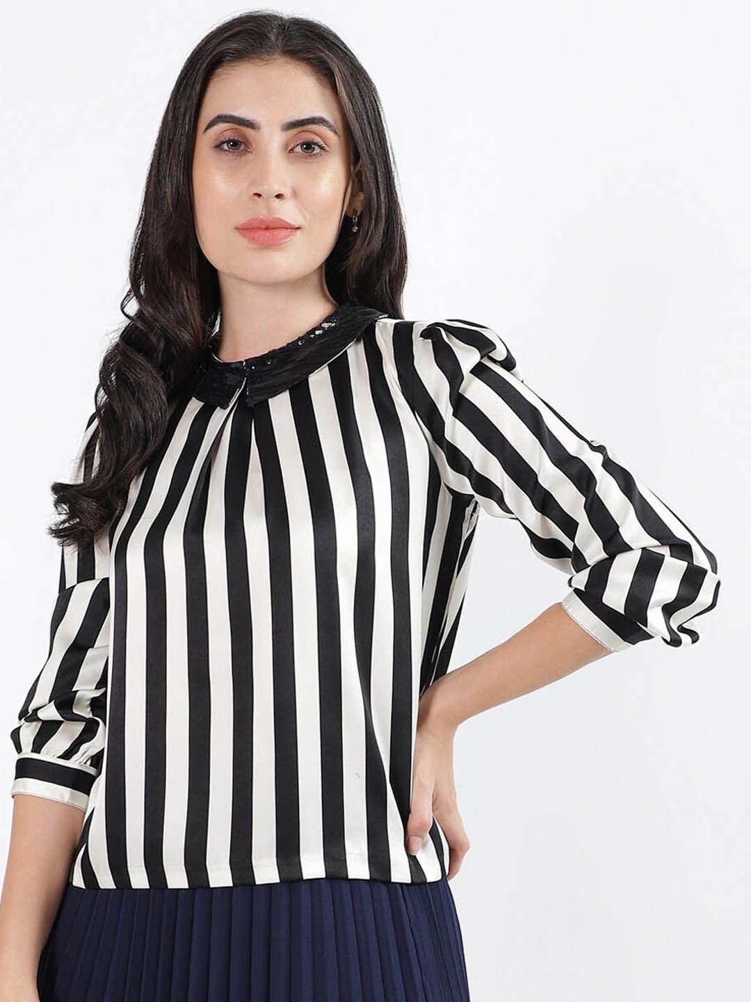 

CENTRESTAGE Vertical Striped Peter Pan Collar Top, Black