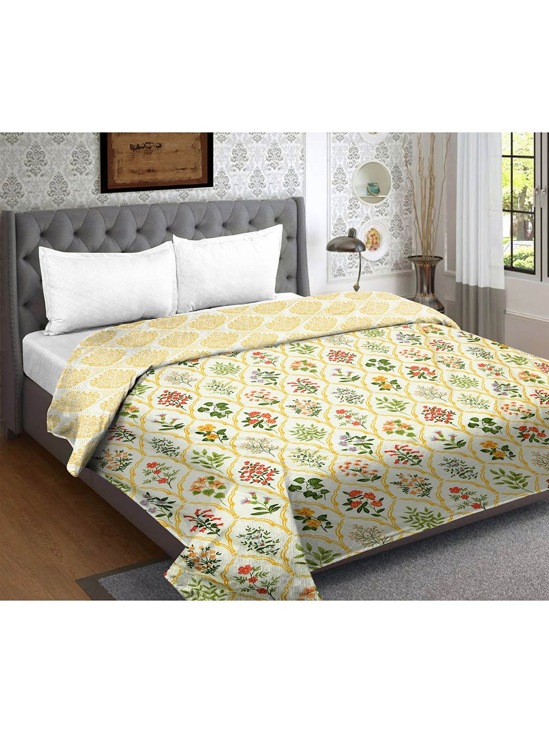 

RRC White & Green Floral AC Room 120 GSM Double Bed Dohar