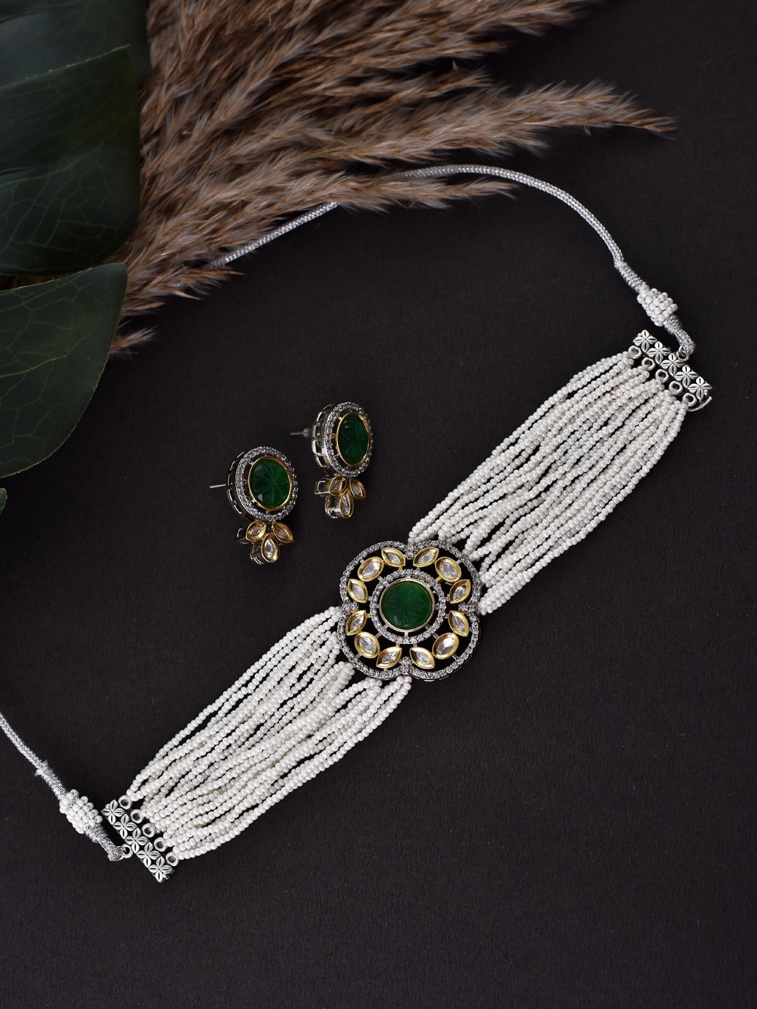 

Swabhimann Jewellery Silver Plated Kundan Studded & Beaded Jewellery Set
