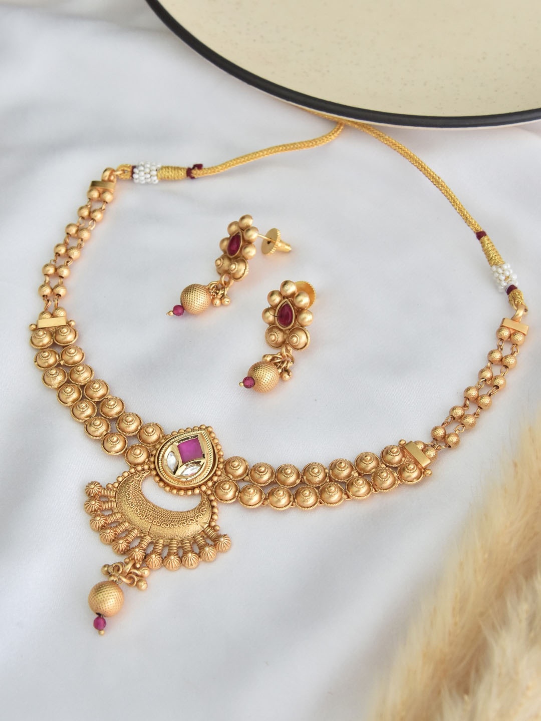 

Swabhimann Jewellery Gold-Plated Stone-Studded Necklace And Earrings, Red