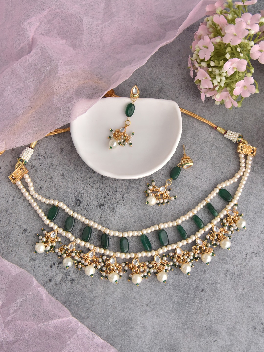 

Swabhimann Jewellery Gold-Plated Kundan-Studded & Beaded Necklace And Earrings