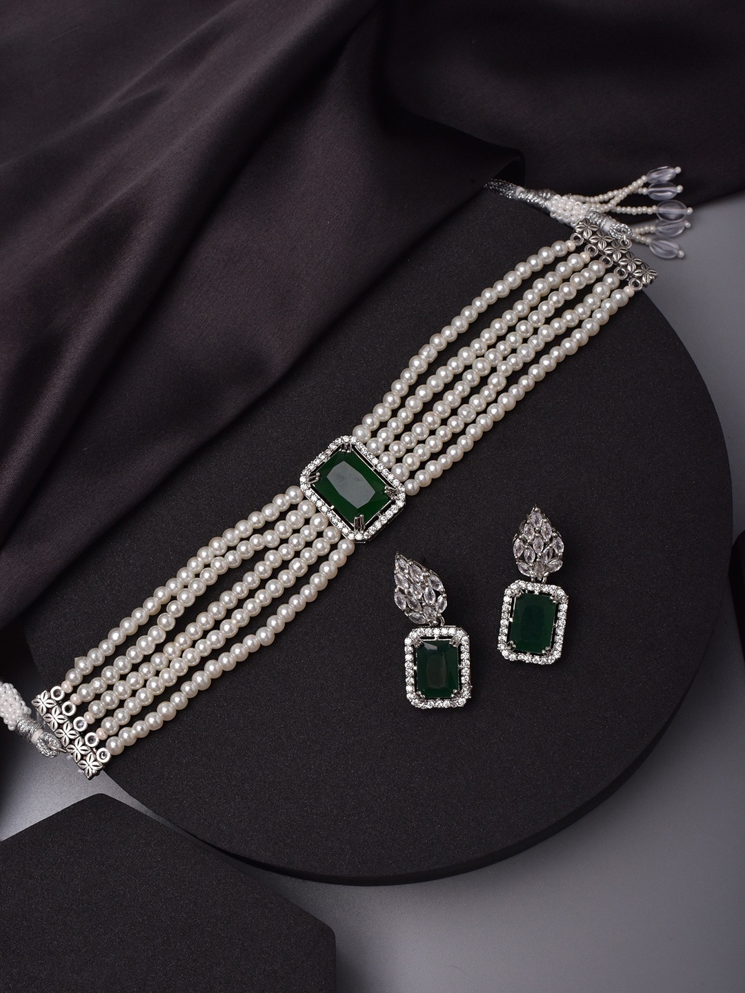 

Swabhimann Jewellery Cubic Zirconia Studded & Beaded Necklace And Earrings, Green